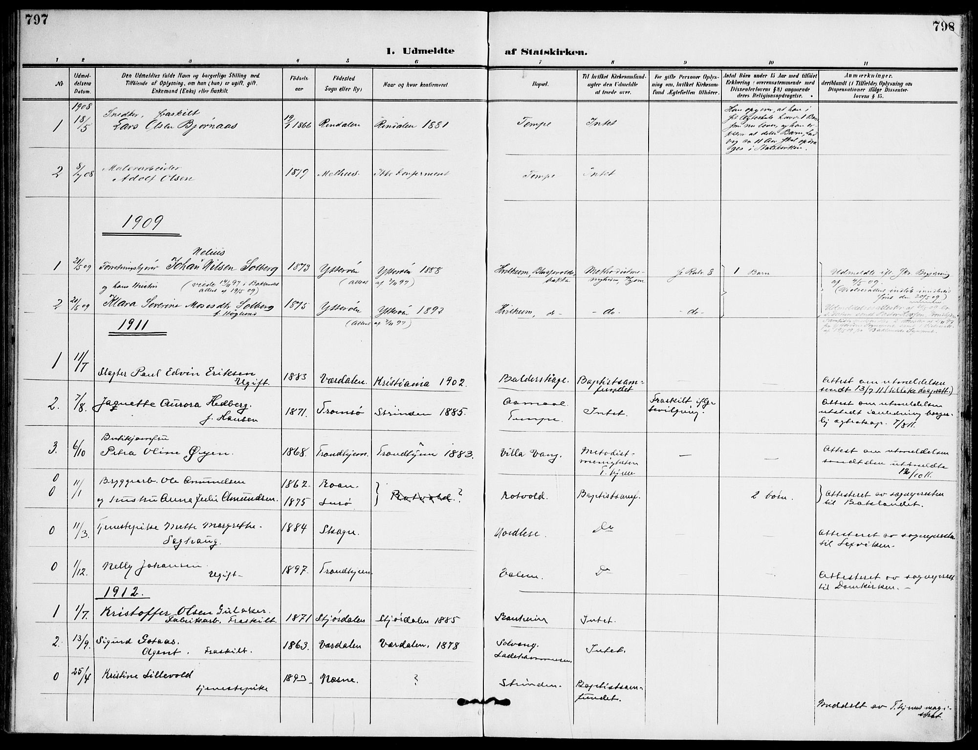 Ministerialprotokoller, klokkerbøker og fødselsregistre - Sør-Trøndelag, SAT/A-1456/607/L0320: Parish register (official) no. 607A04, 1907-1915, p. 797-798