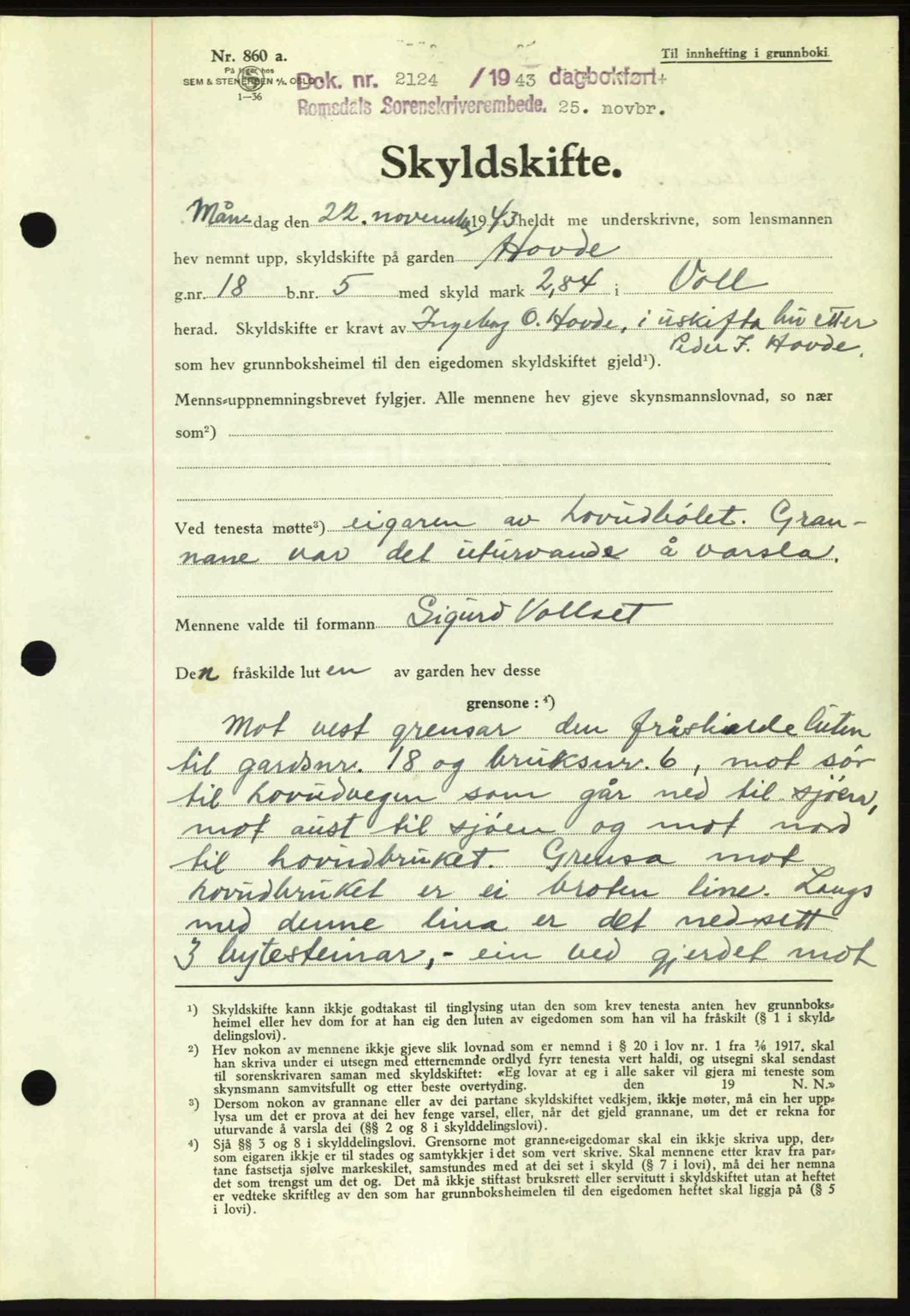 Romsdal sorenskriveri, AV/SAT-A-4149/1/2/2C: Mortgage book no. A15, 1943-1944, Diary no: : 2124/1943