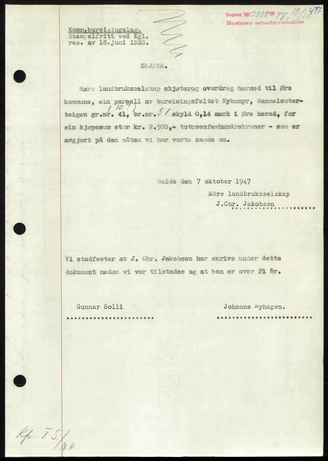 Nordmøre sorenskriveri, AV/SAT-A-4132/1/2/2Ca: Mortgage book no. A106, 1947-1947, Diary no: : 2388/1947