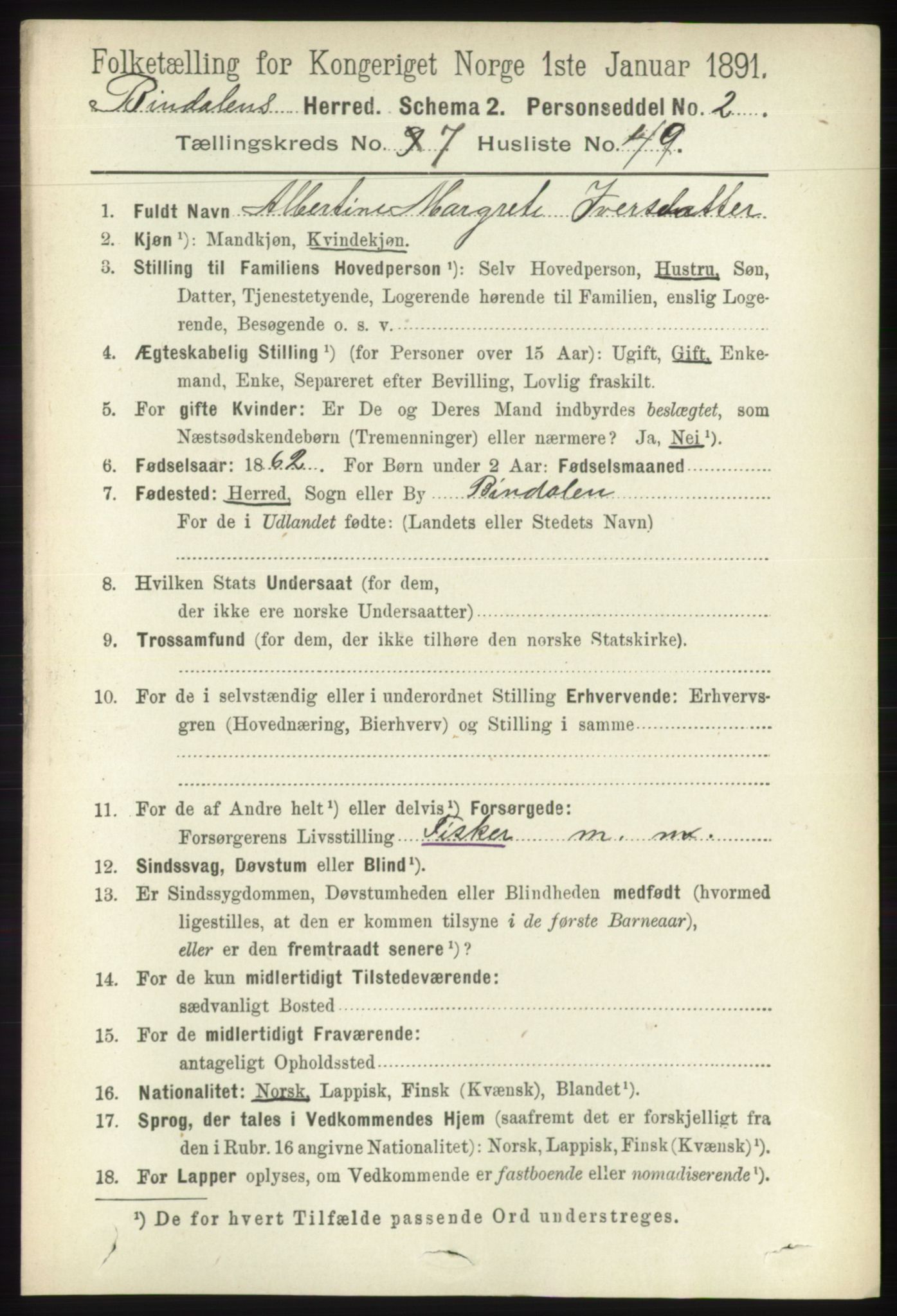 RA, 1891 census for 1811 Bindal, 1891, p. 2558