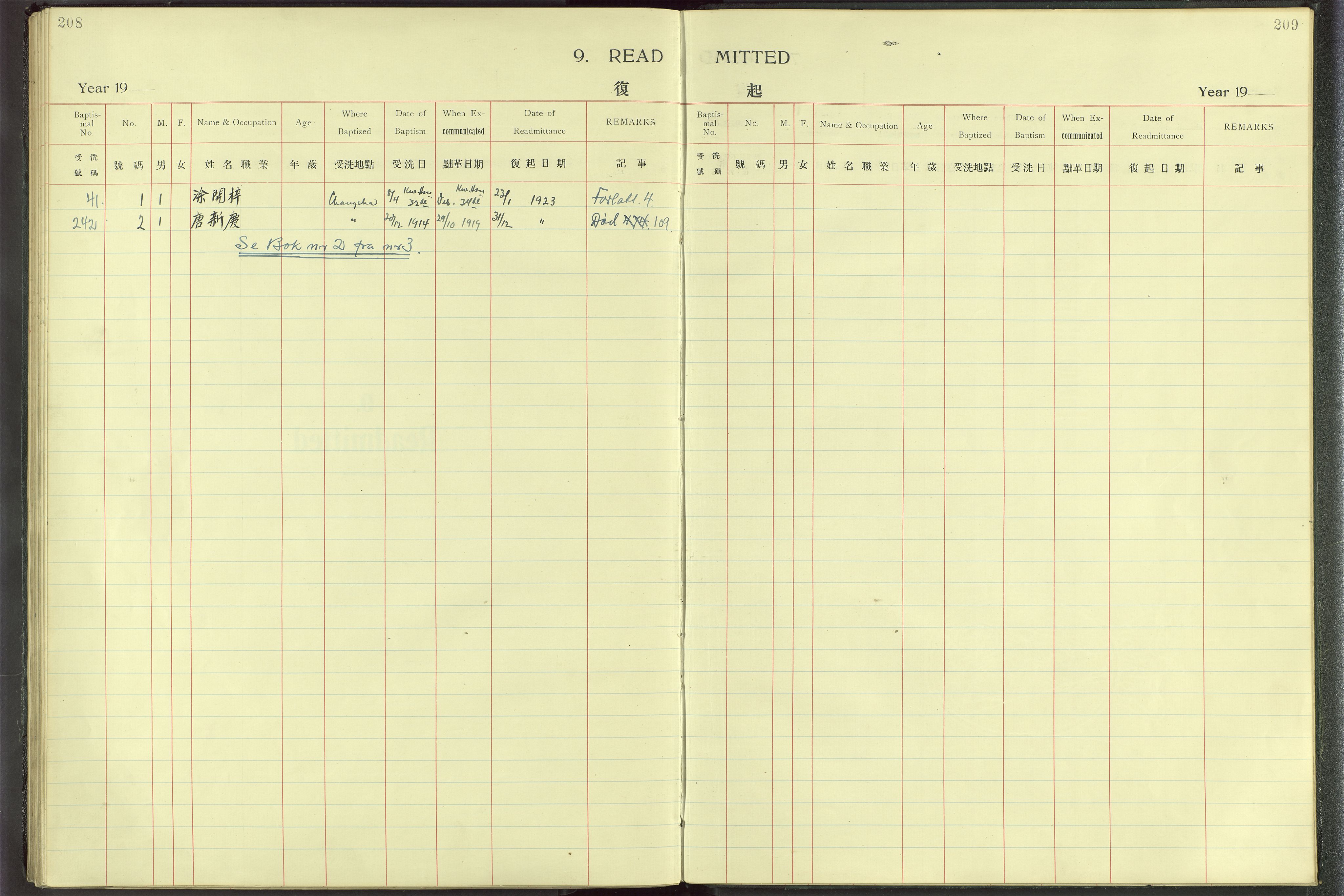 Det Norske Misjonsselskap - utland - Kina (Hunan), VID/MA-A-1065/Dm/L0001: Parish register (official) no. 46, 1903-1936, p. 208-209