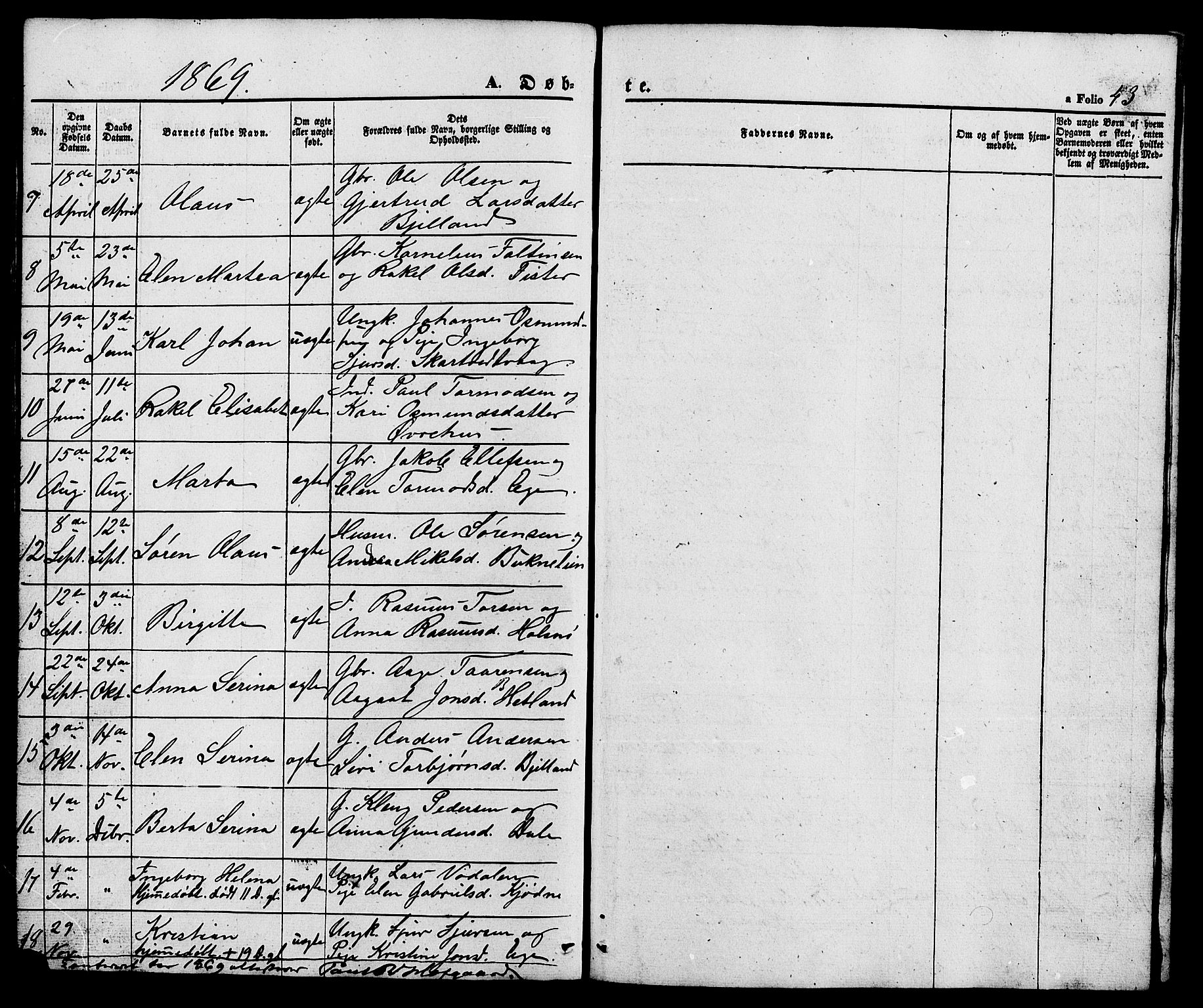 Hjelmeland sokneprestkontor, SAST/A-101843/01/V/L0005: Parish register (copy) no. B 5, 1853-1892, p. 43