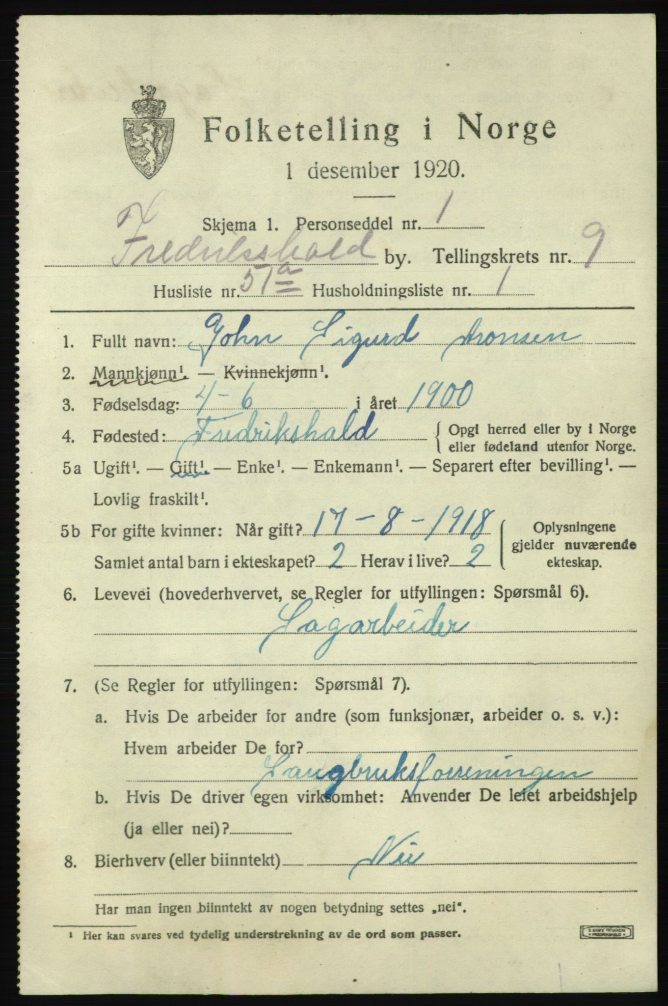 SAO, 1920 census for Fredrikshald, 1920, p. 17117