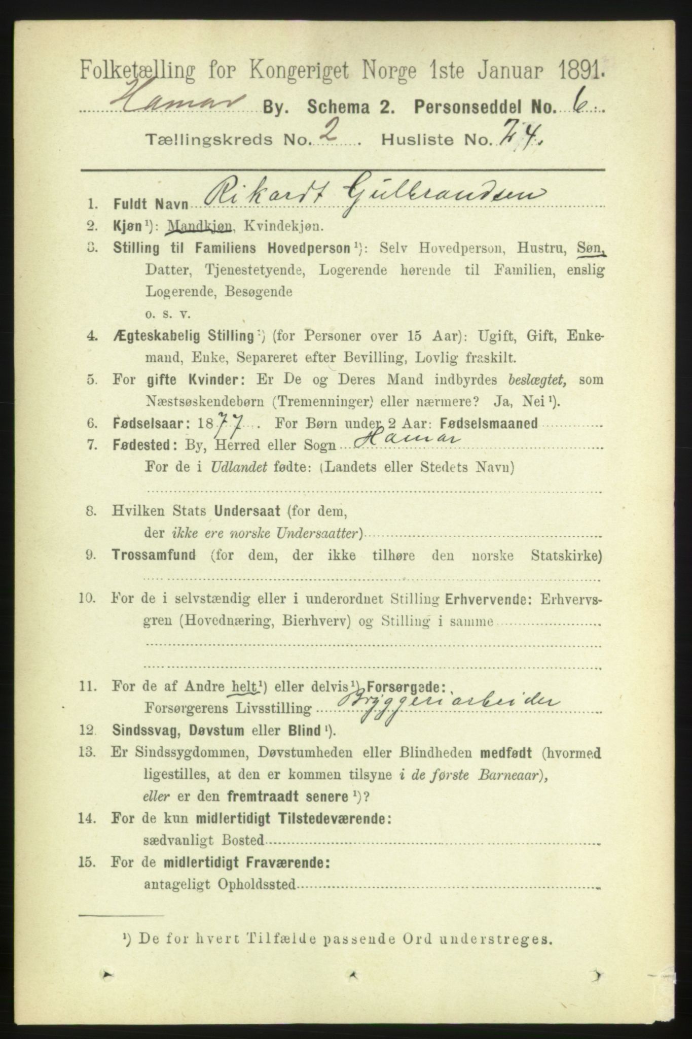 RA, 1891 census for 0401 Hamar, 1891, p. 1336