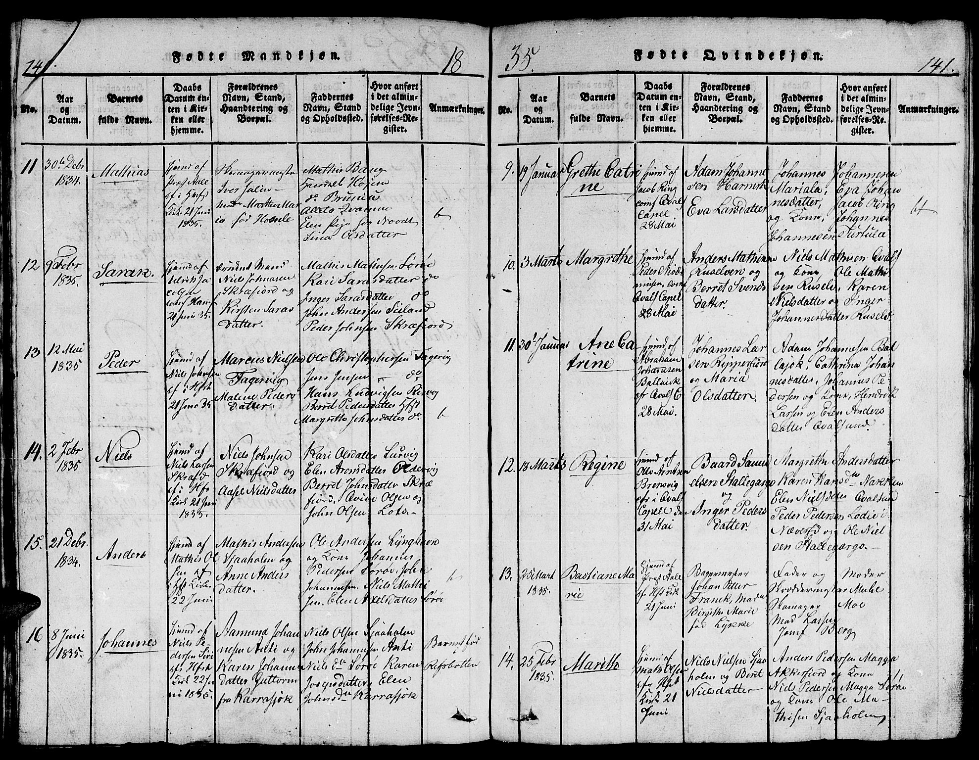 Hammerfest sokneprestkontor, AV/SATØ-S-1347/H/Hb/L0001.klokk: Parish register (copy) no. 1, 1822-1850, p. 140-141