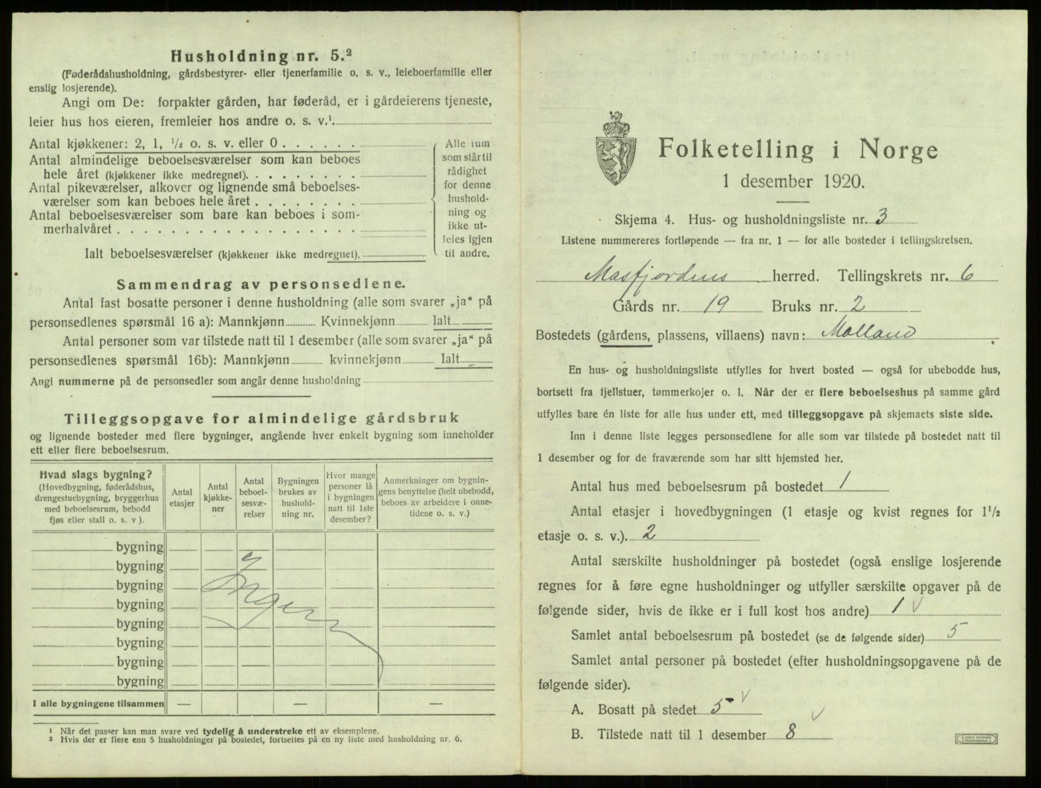 SAB, 1920 census for Masfjorden, 1920, p. 291