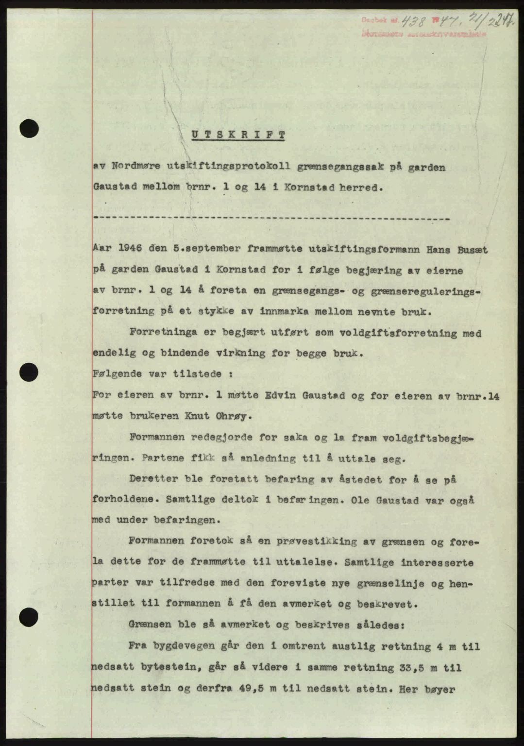 Nordmøre sorenskriveri, AV/SAT-A-4132/1/2/2Ca: Mortgage book no. A104, 1947-1947, Diary no: : 438/1947