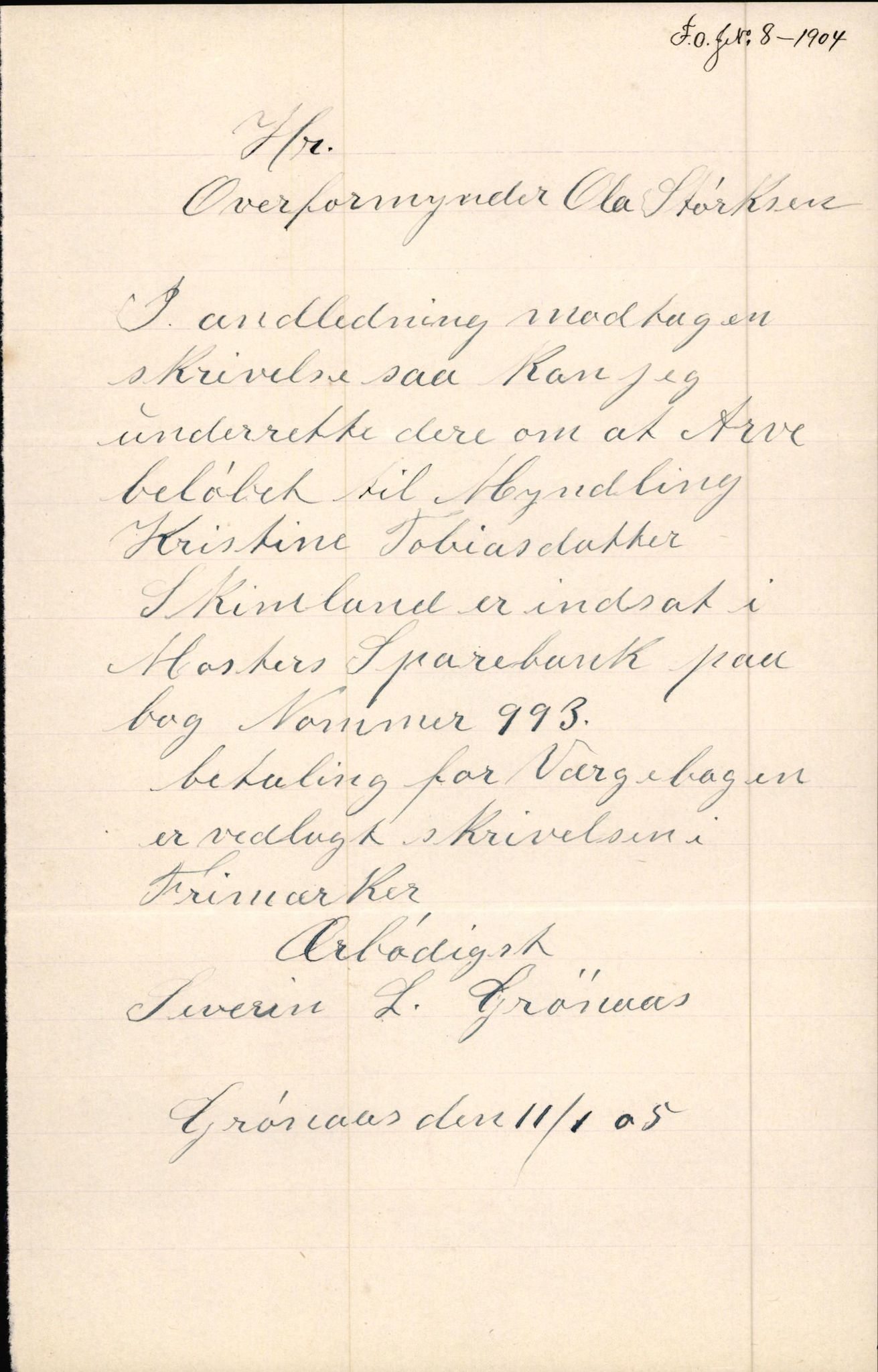 Finnaas kommune. Overformynderiet, IKAH/1218a-812/D/Da/Daa/L0002/0003: Kronologisk ordna korrespondanse / Kronologisk ordna korrespondanse, 1905-1909, p. 3