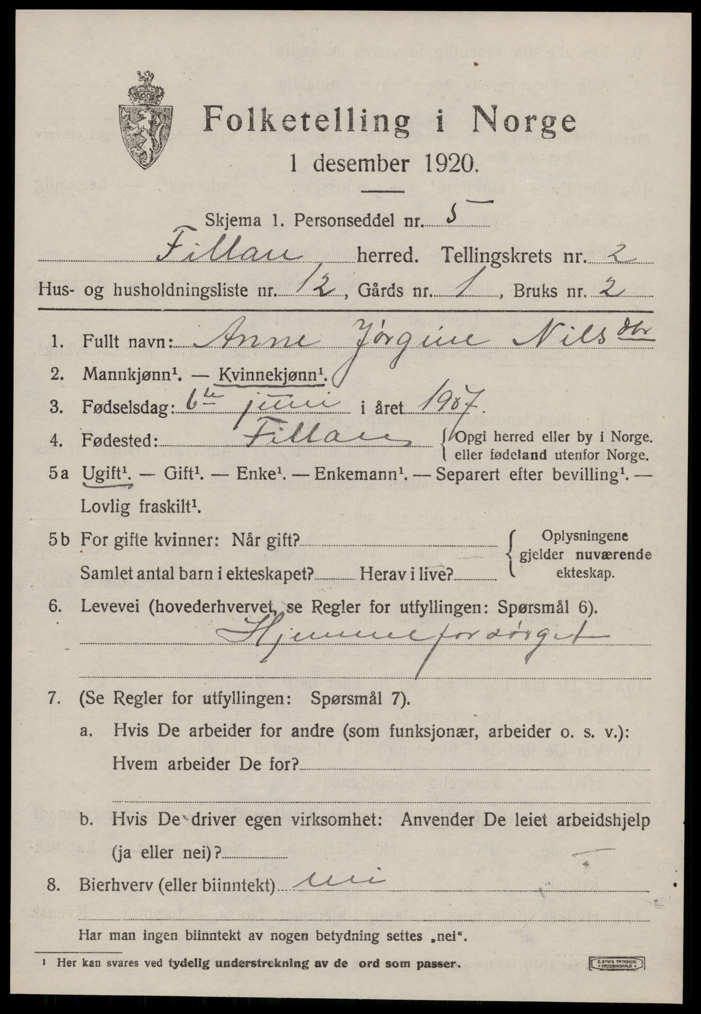 SAT, 1920 census for Fillan, 1920, p. 1454