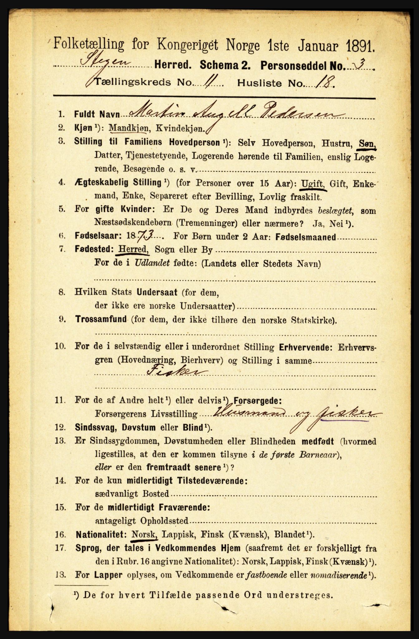 RA, 1891 census for 1848 Steigen, 1891, p. 3886