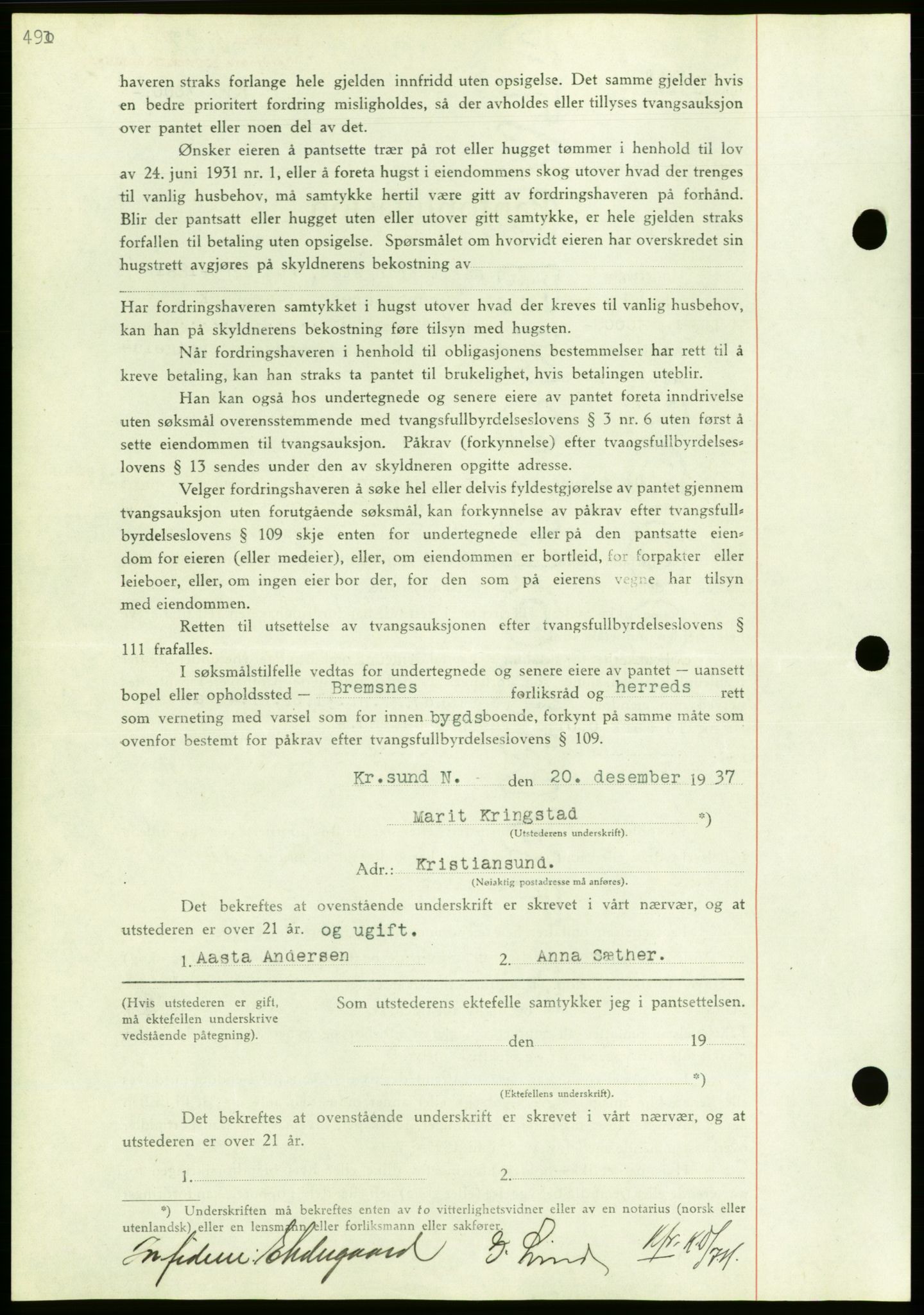 Nordmøre sorenskriveri, AV/SAT-A-4132/1/2/2Ca/L0092: Mortgage book no. B82, 1937-1938, Diary no: : 3139/1937