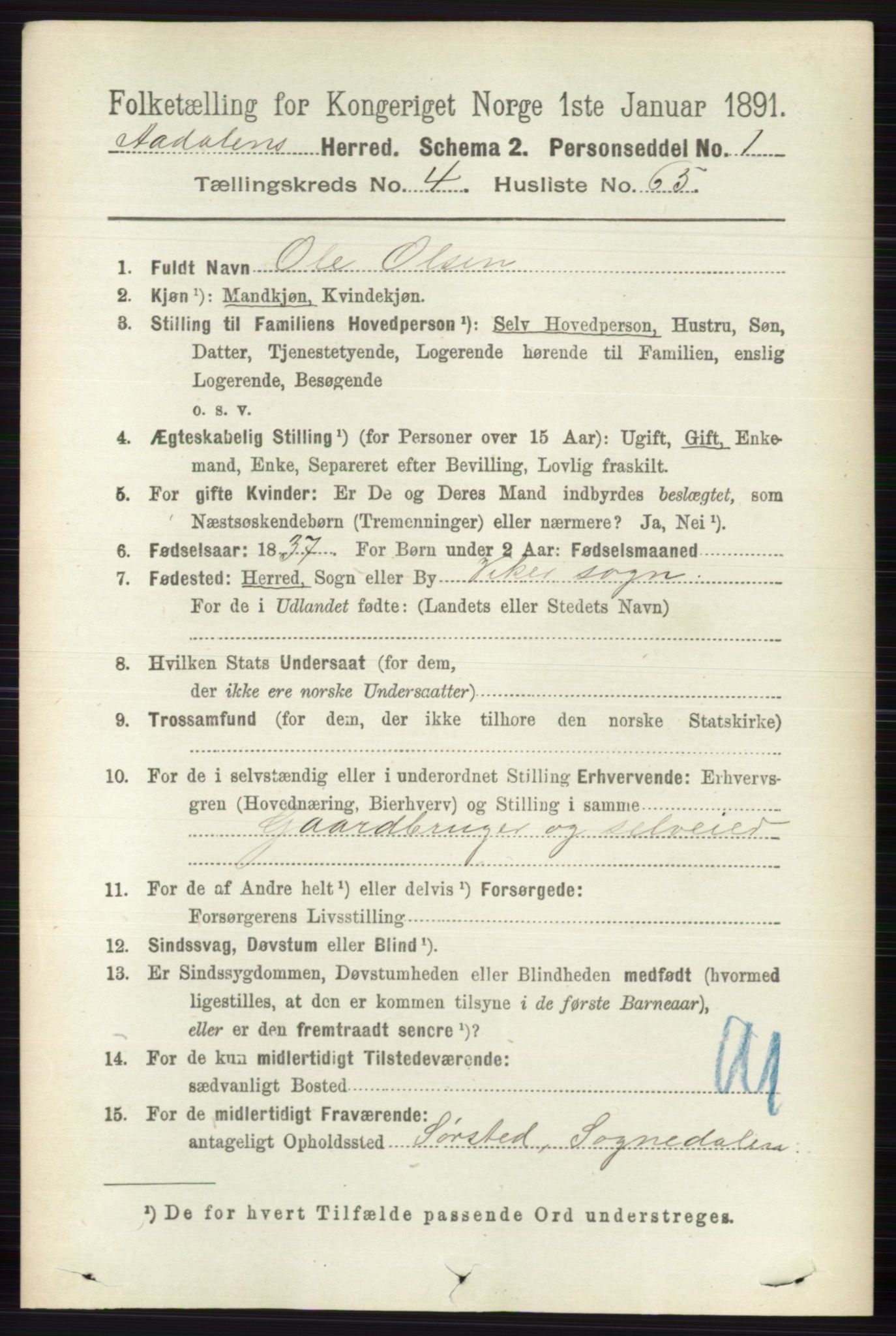 RA, 1891 census for 0614 Ådal, 1891, p. 1900