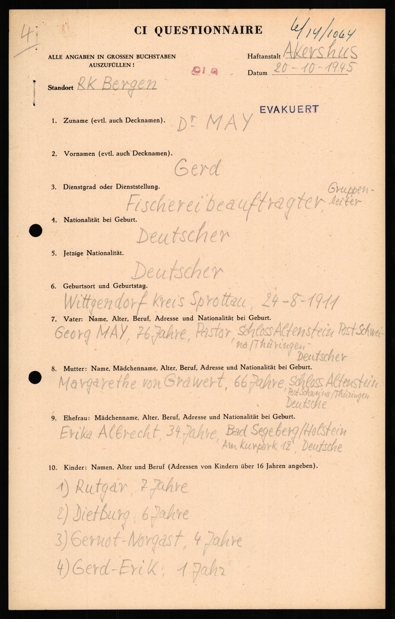 Forsvaret, Forsvarets overkommando II, AV/RA-RAFA-3915/D/Db/L0021: CI Questionaires. Tyske okkupasjonsstyrker i Norge. Tyskere., 1945-1946, p. 266