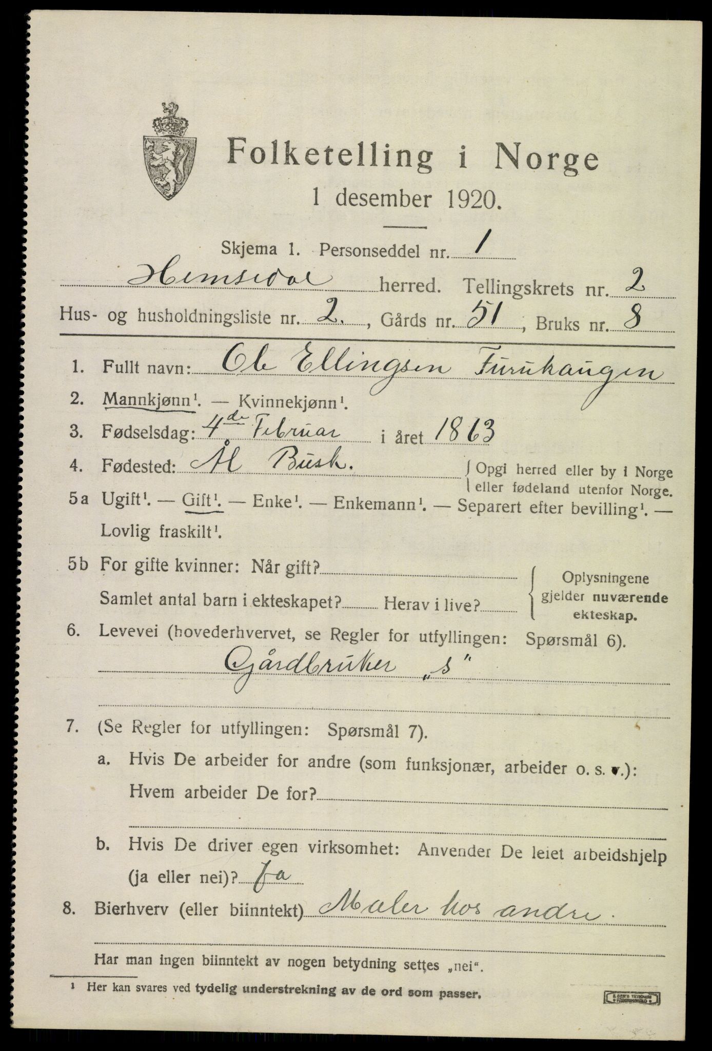 SAKO, 1920 census for Hemsedal, 1920, p. 696