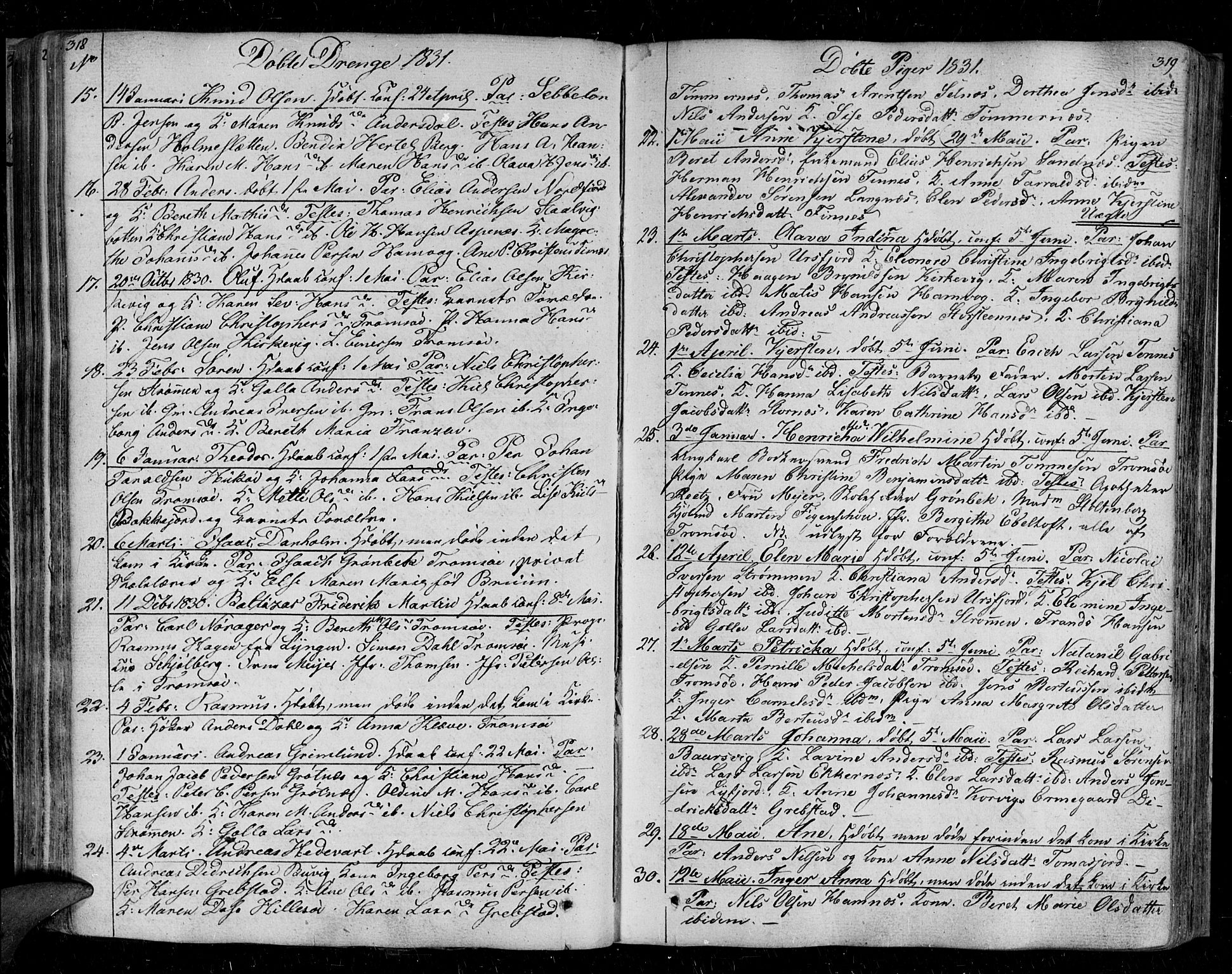 Tromsø sokneprestkontor/stiftsprosti/domprosti, AV/SATØ-S-1343/G/Ga/L0008kirke: Parish register (official) no. 8, 1829-1837, p. 318-319