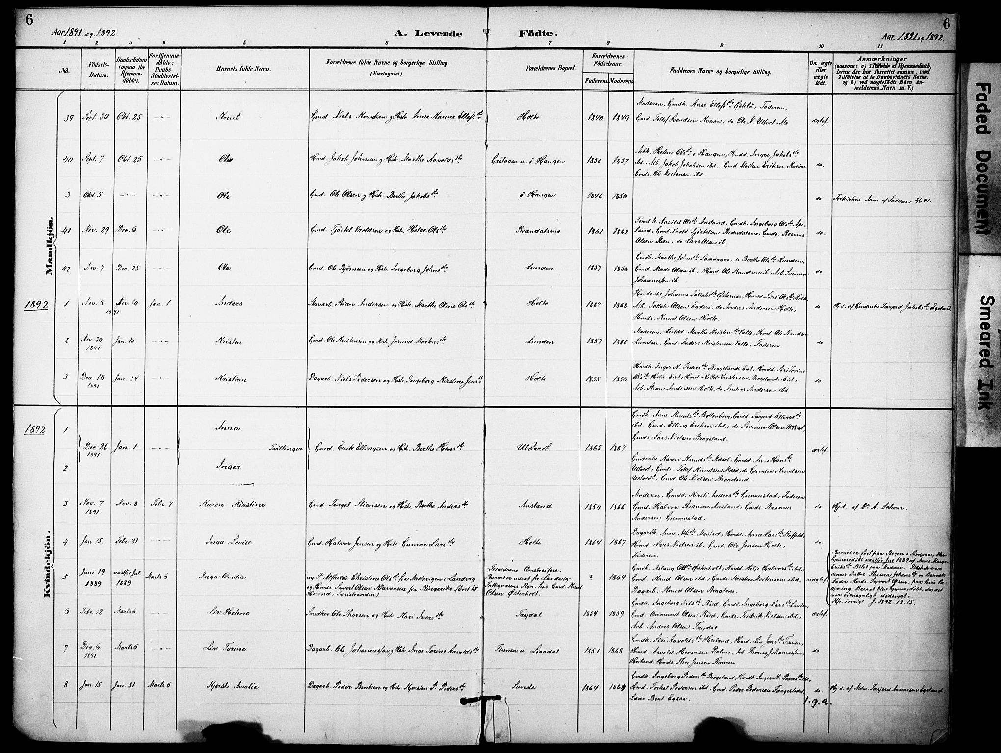 Gjerstad sokneprestkontor, AV/SAK-1111-0014/F/Fa/Faa/L0010: Parish register (official) no. A 10, 1891-1902, p. 6