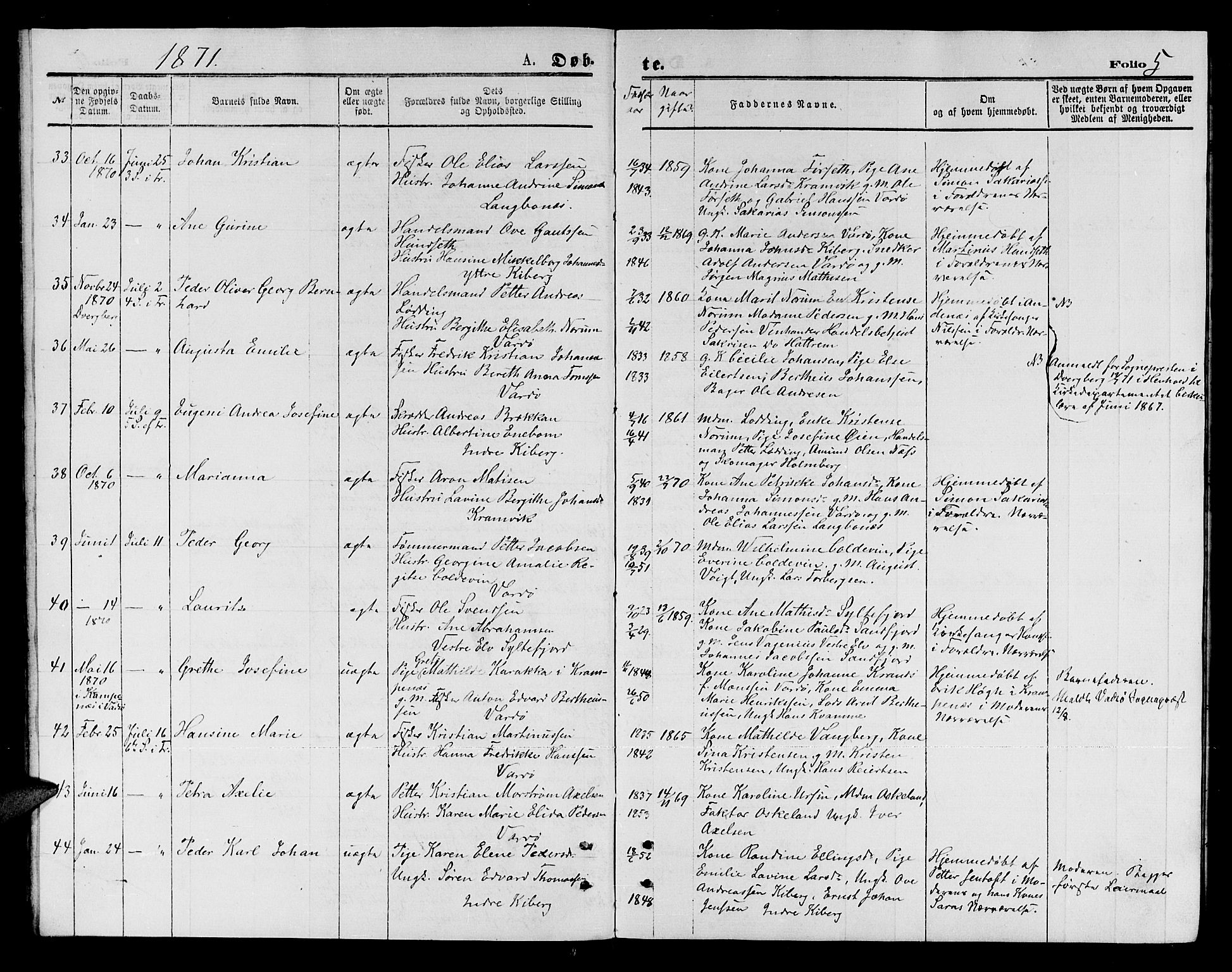 Vardø sokneprestkontor, AV/SATØ-S-1332/H/Hb/L0003klokker: Parish register (copy) no. 3, 1871-1878, p. 5