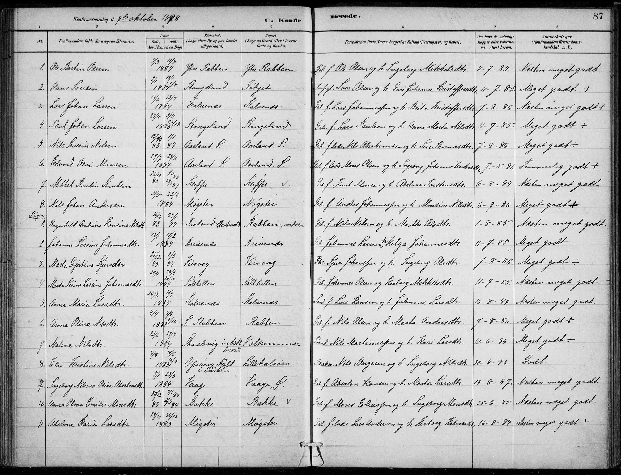 Sund sokneprestembete, AV/SAB-A-99930: Parish register (official) no. D 1, 1882-1899, p. 87