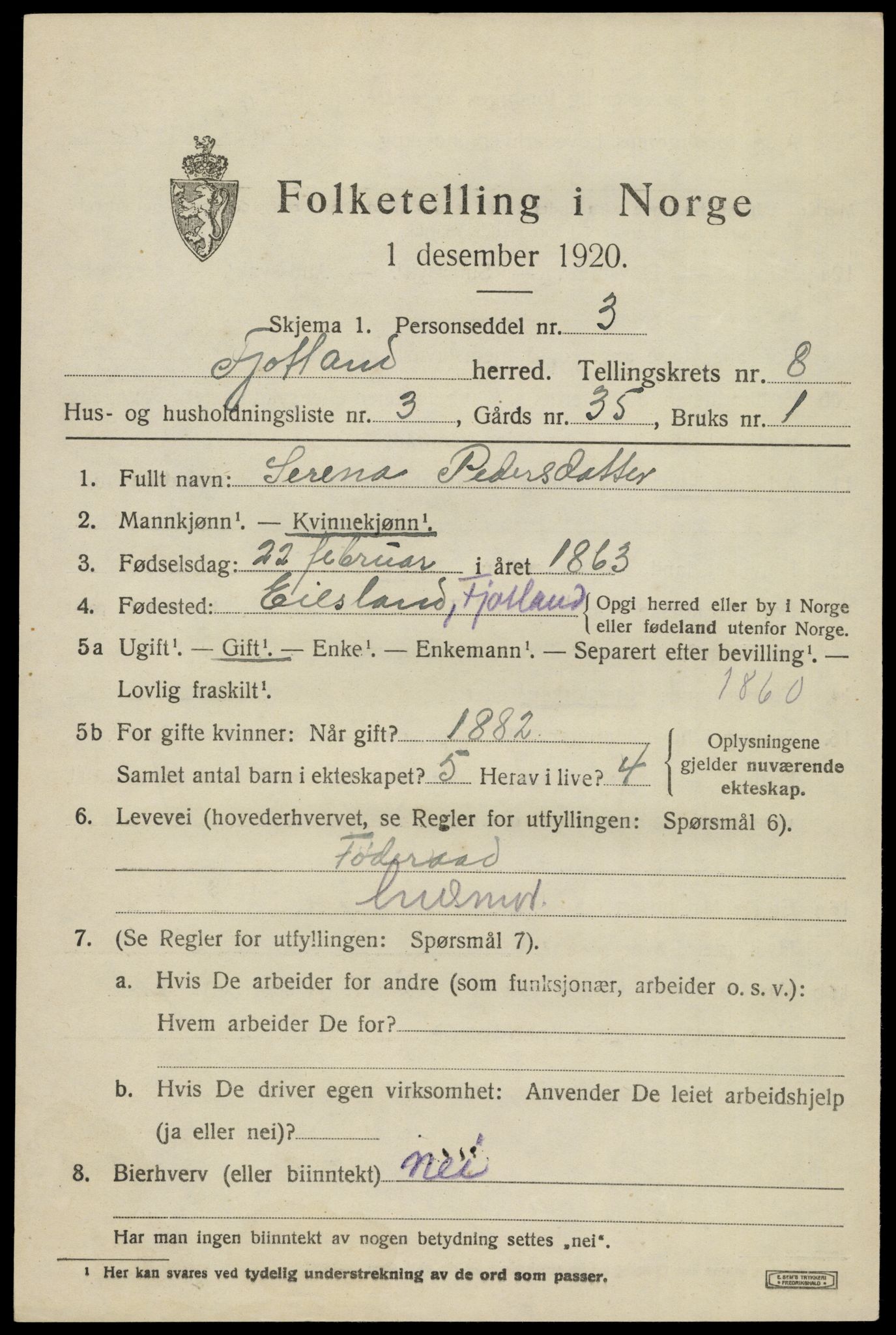 SAK, 1920 census for Fjotland, 1920, p. 2030
