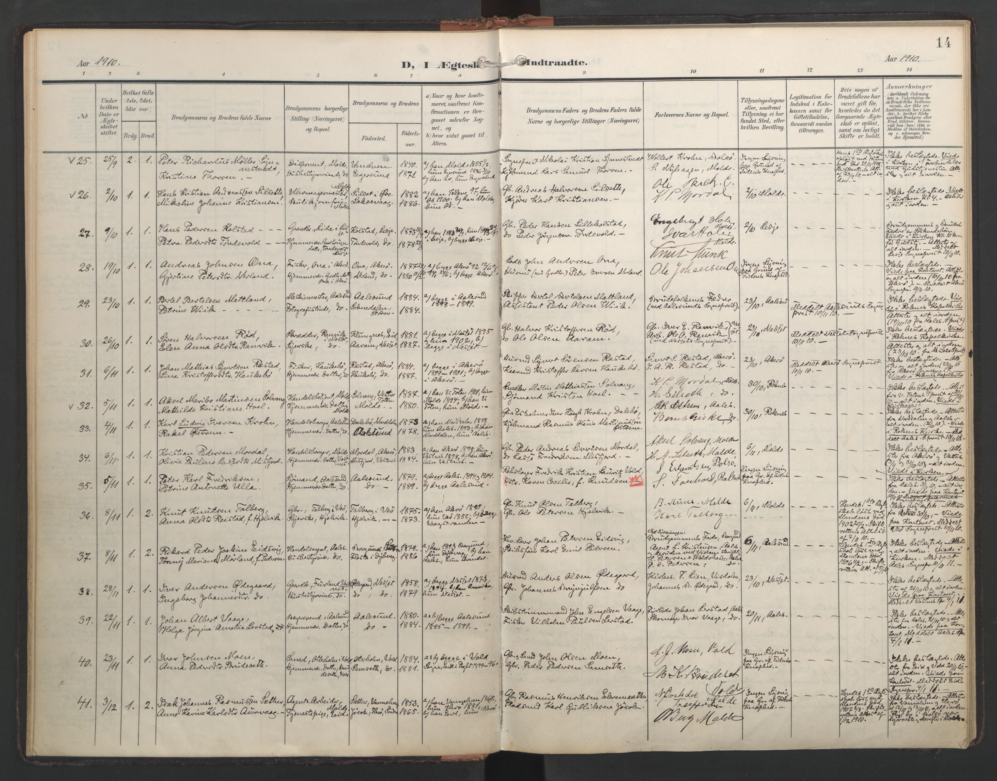 Ministerialprotokoller, klokkerbøker og fødselsregistre - Møre og Romsdal, AV/SAT-A-1454/558/L0694: Parish register (official) no. 558A08, 1907-1922, p. 14