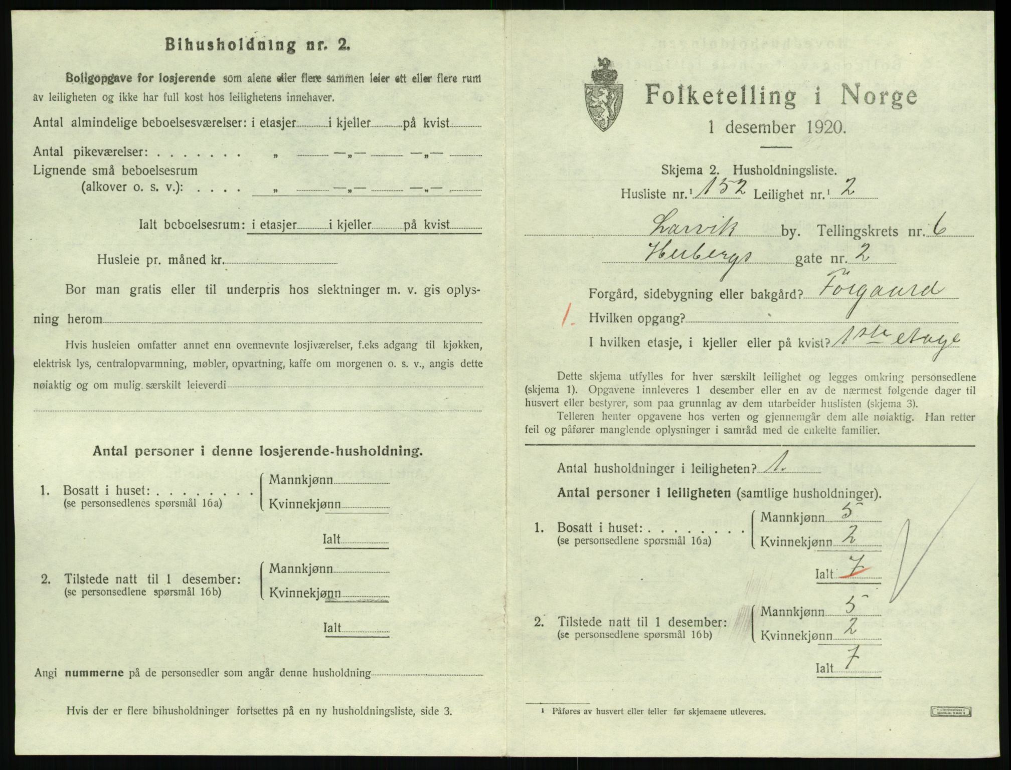 SAKO, 1920 census for Larvik, 1920, p. 5952