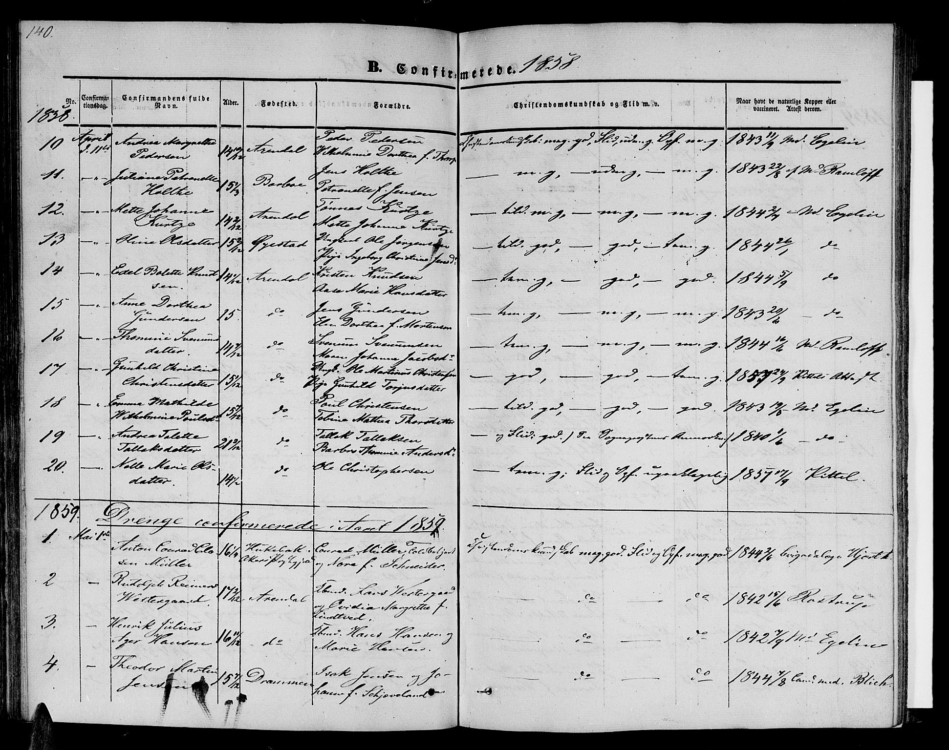 Arendal sokneprestkontor, Trefoldighet, SAK/1111-0040/F/Fb/L0002: Parish register (copy) no. B 2, 1838-1860, p. 140