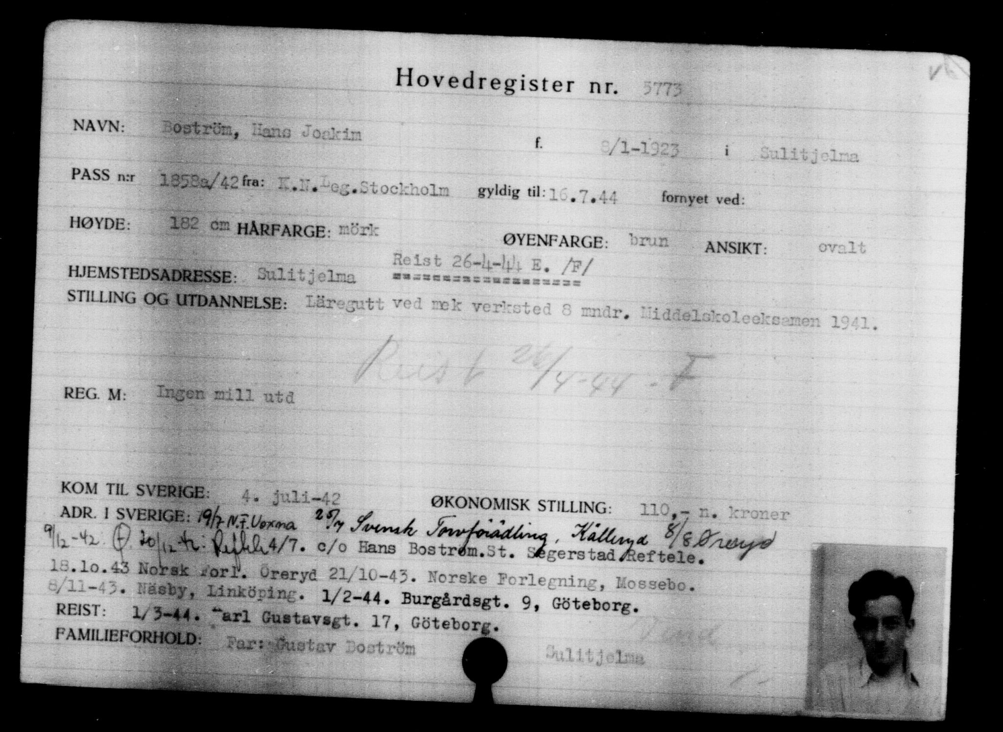 Utenriksstasjonene, Legasjonen i Stockholm, Flyktningkontoret, AV/RA-S-6753/V/Va/L0004: Kjesäterkartoteket, flyktninger med registreringsnr. 3496-6610, 1940-1945, p. 2642
