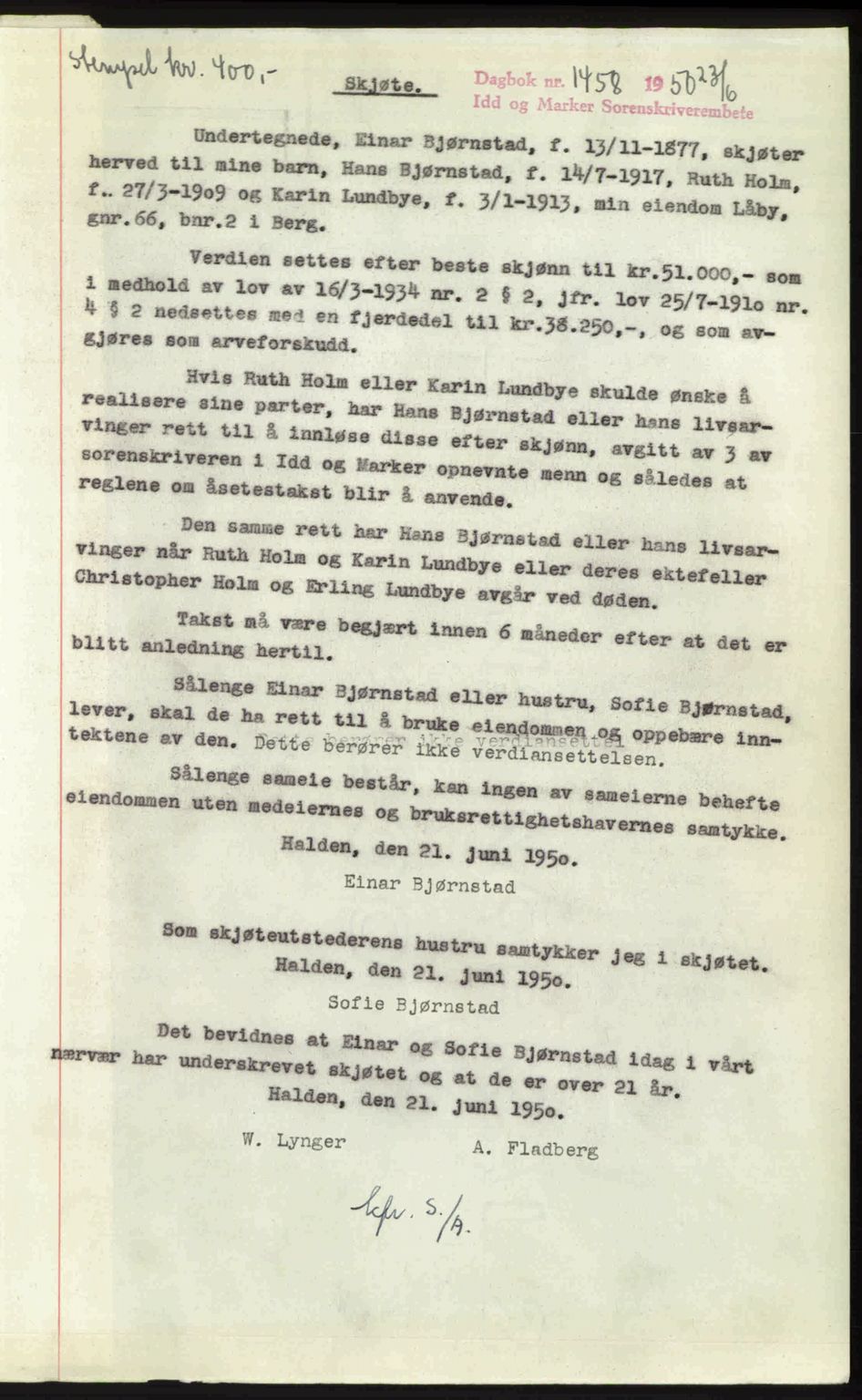 Idd og Marker sorenskriveri, AV/SAO-A-10283/G/Gb/Gbb/L0014: Mortgage book no. A14, 1950-1950, Diary no: : 1458/1950