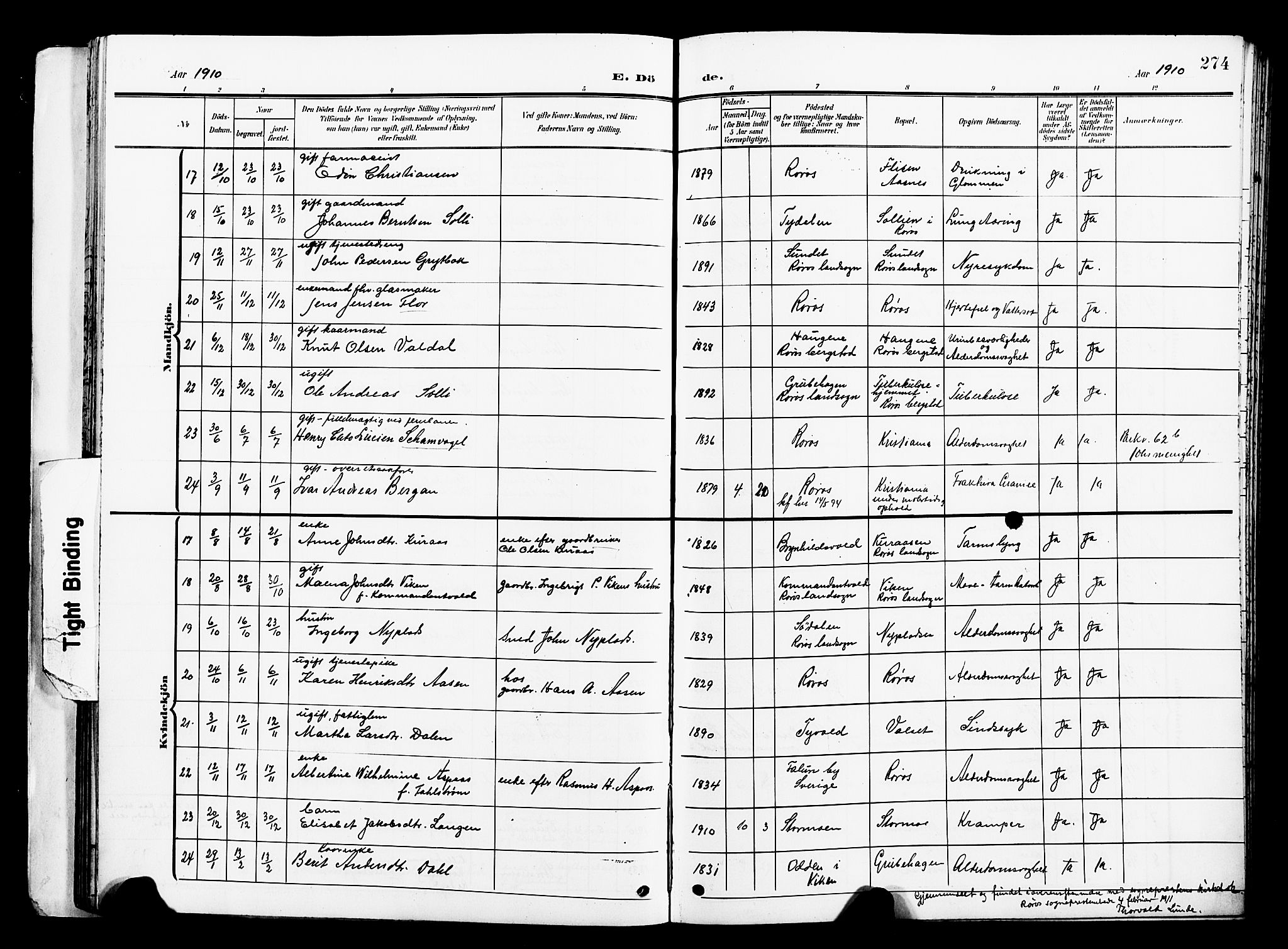 Ministerialprotokoller, klokkerbøker og fødselsregistre - Sør-Trøndelag, SAT/A-1456/681/L0942: Parish register (copy) no. 681C06, 1906-1925, p. 274