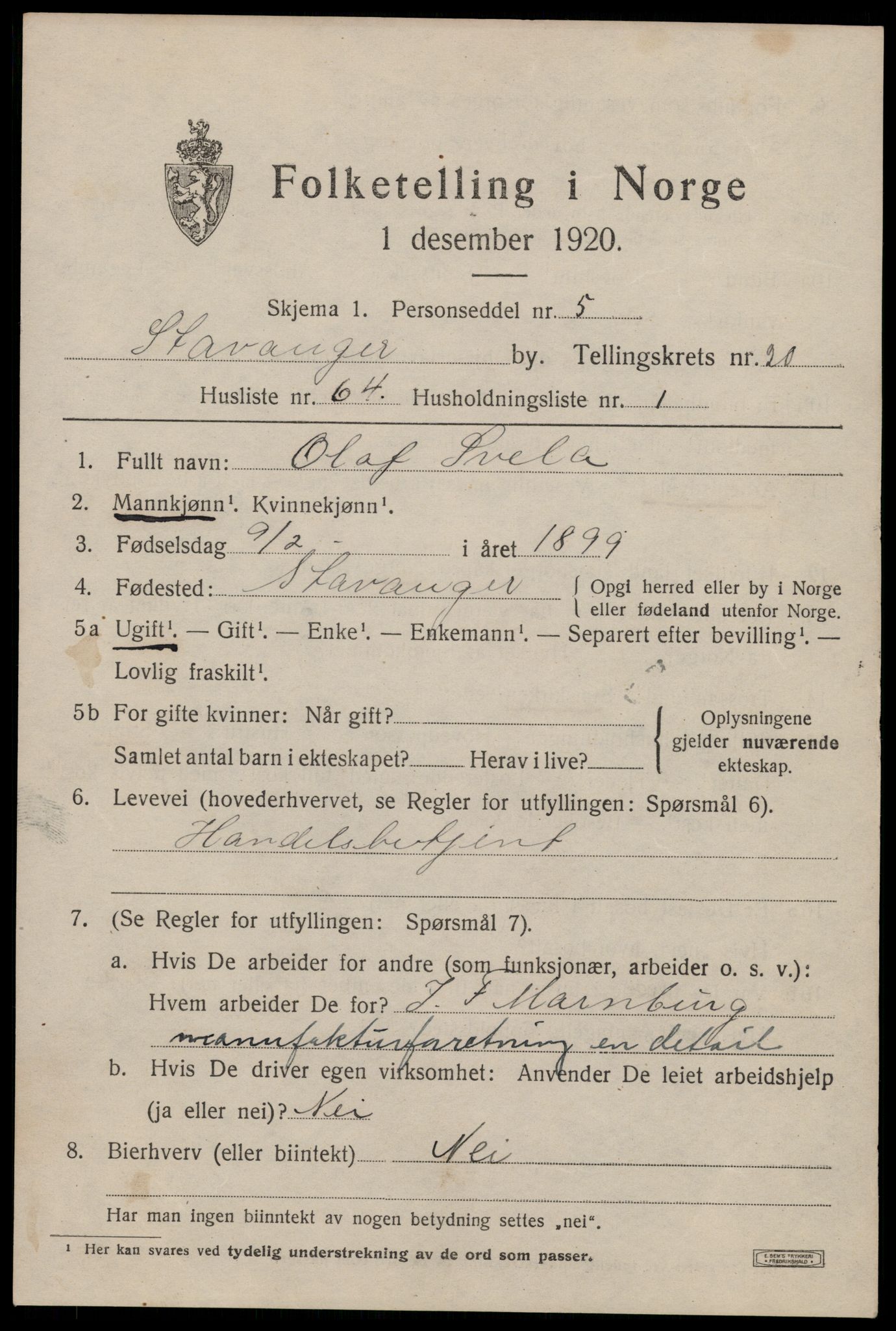 SAST, 1920 census for Stavanger, 1920, p. 70840