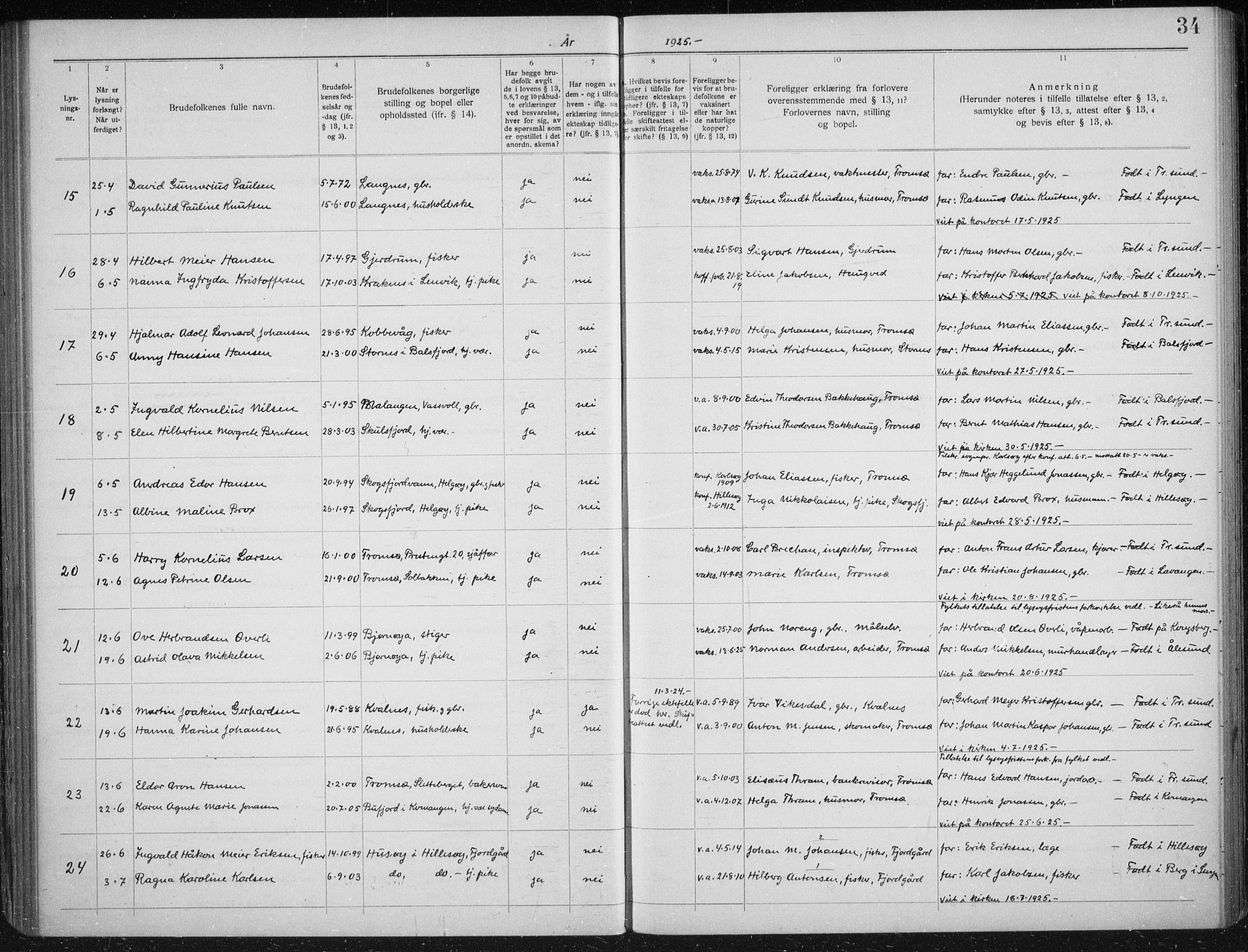 Tromsøysund sokneprestkontor, AV/SATØ-S-1304/H/Hc/L0059: Banns register no. 59, 1919-1937, p. 34