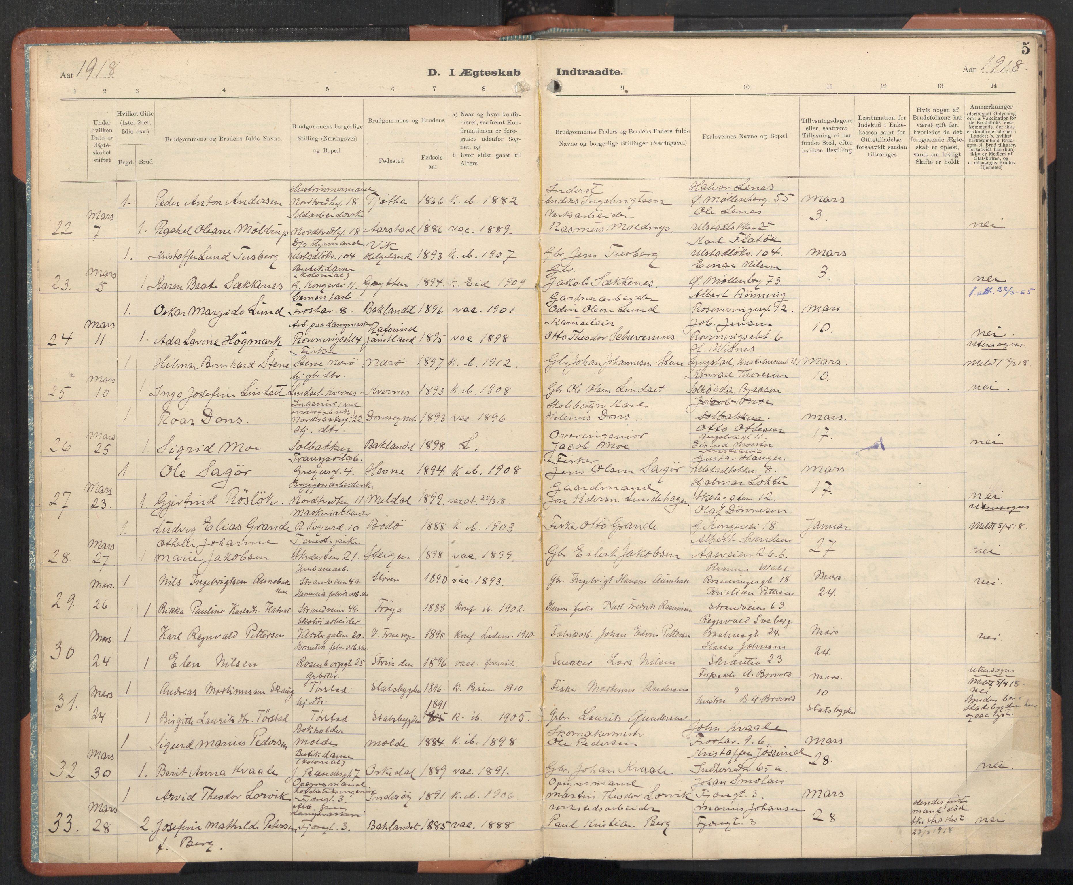 Ministerialprotokoller, klokkerbøker og fødselsregistre - Sør-Trøndelag, AV/SAT-A-1456/605/L0245: Parish register (official) no. 605A07, 1916-1938, p. 5