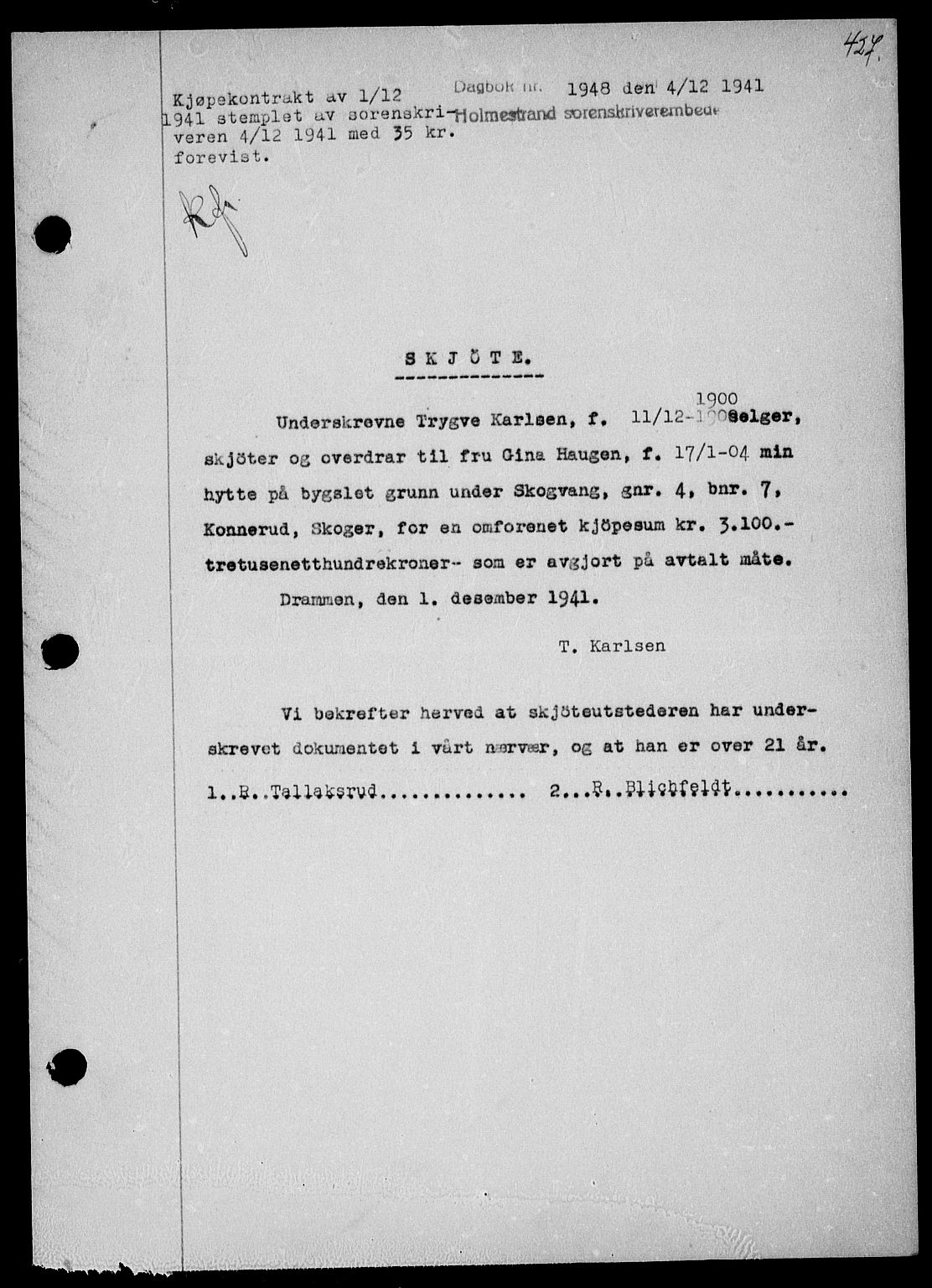 Holmestrand sorenskriveri, SAKO/A-67/G/Ga/Gaa/L0054: Mortgage book no. A-54, 1941-1942, Diary no: : 1948/1941