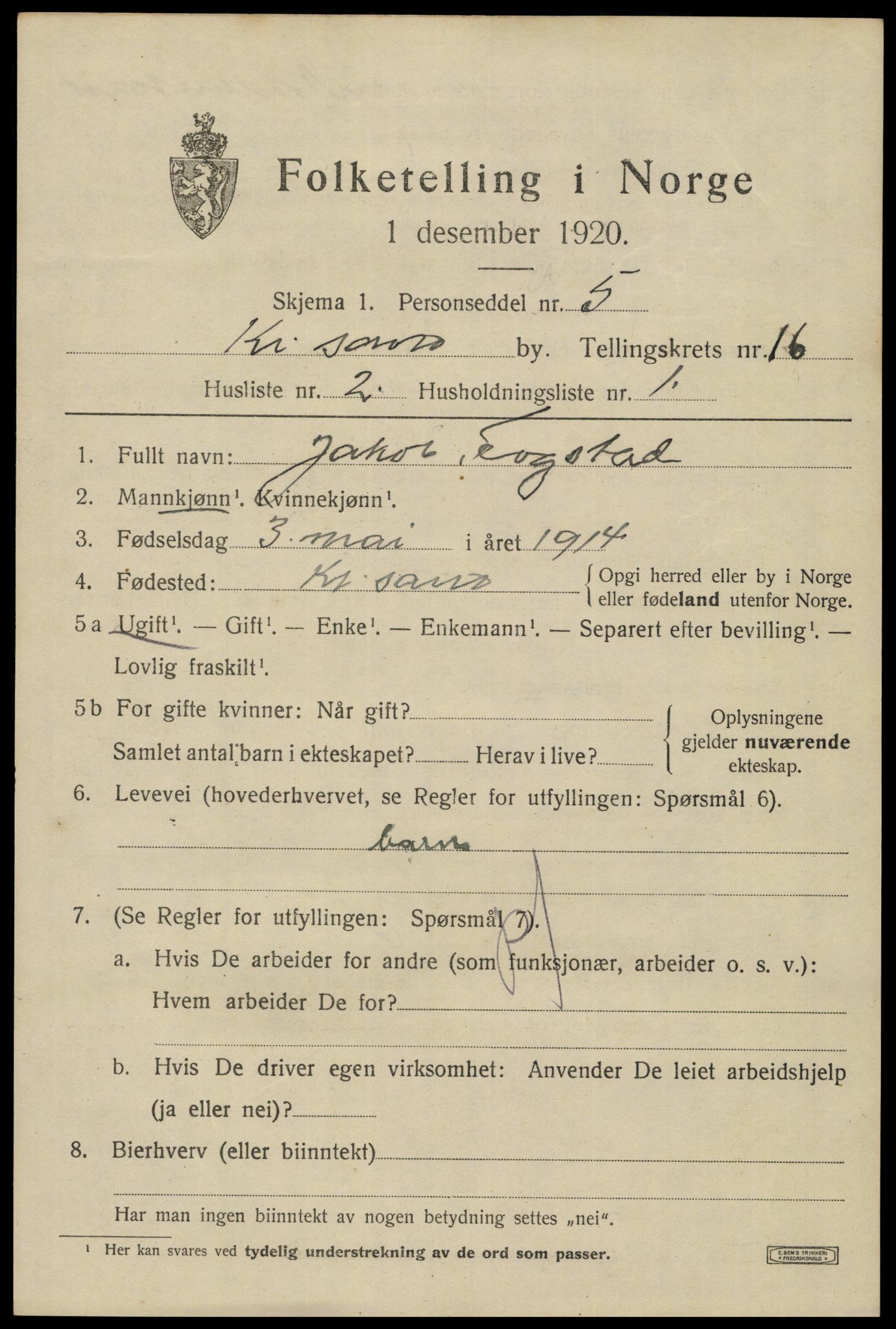 SAK, 1920 census for Kristiansand, 1920, p. 31403