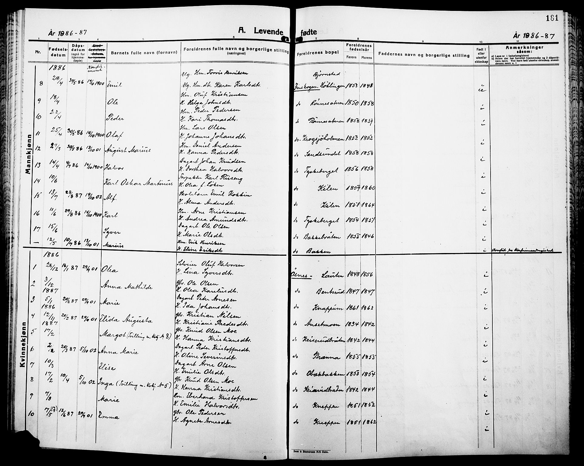 Åsnes prestekontor, AV/SAH-PREST-042/H/Ha/Haa/L0000B: Parish register (official), 1870-1889, p. 181