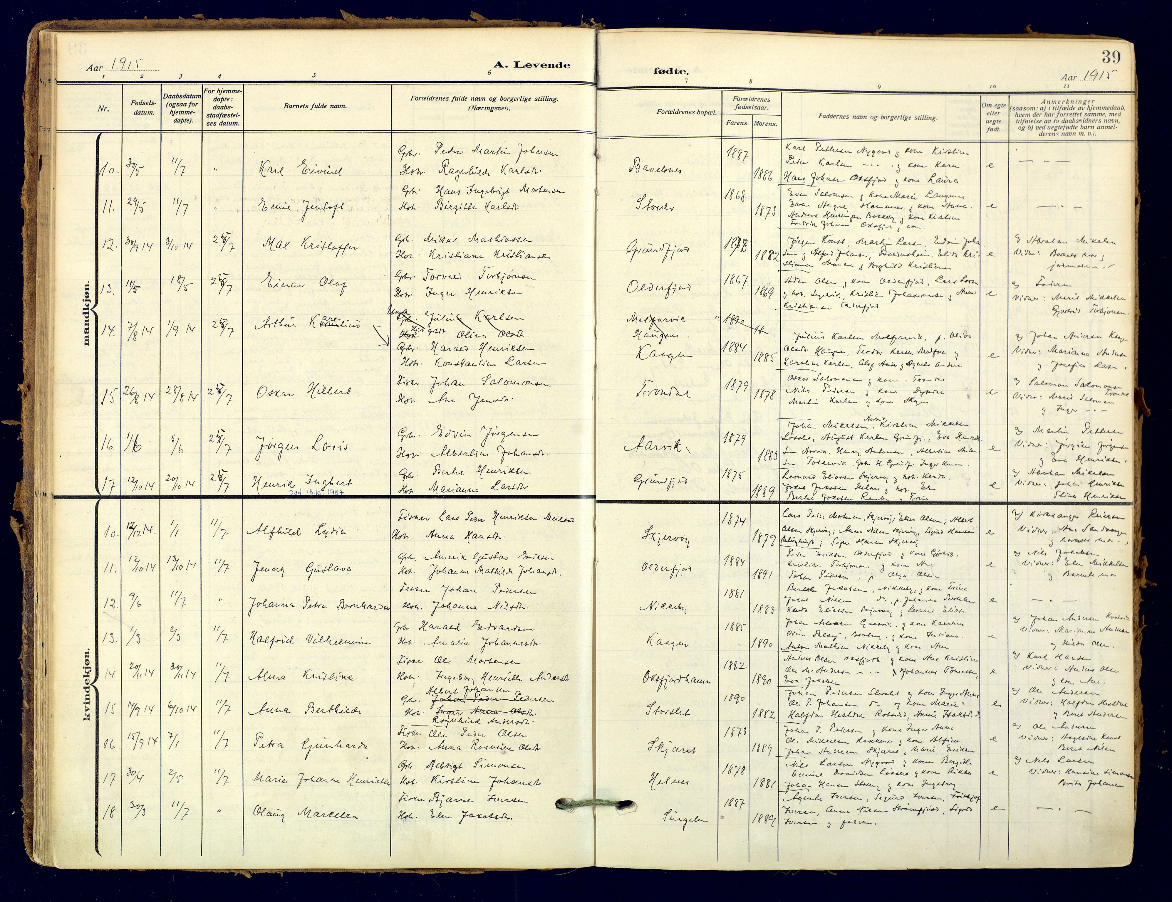 Skjervøy sokneprestkontor, AV/SATØ-S-1300/H/Ha/Haa: Parish register (official) no. 18, 1910-1926, p. 39