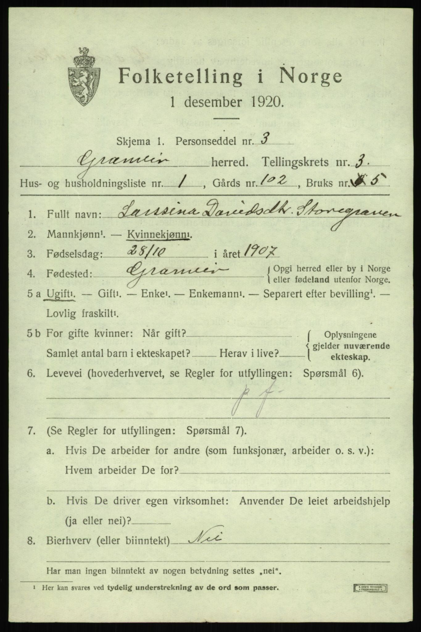 SAB, 1920 census for Granvin, 1920, p. 1180