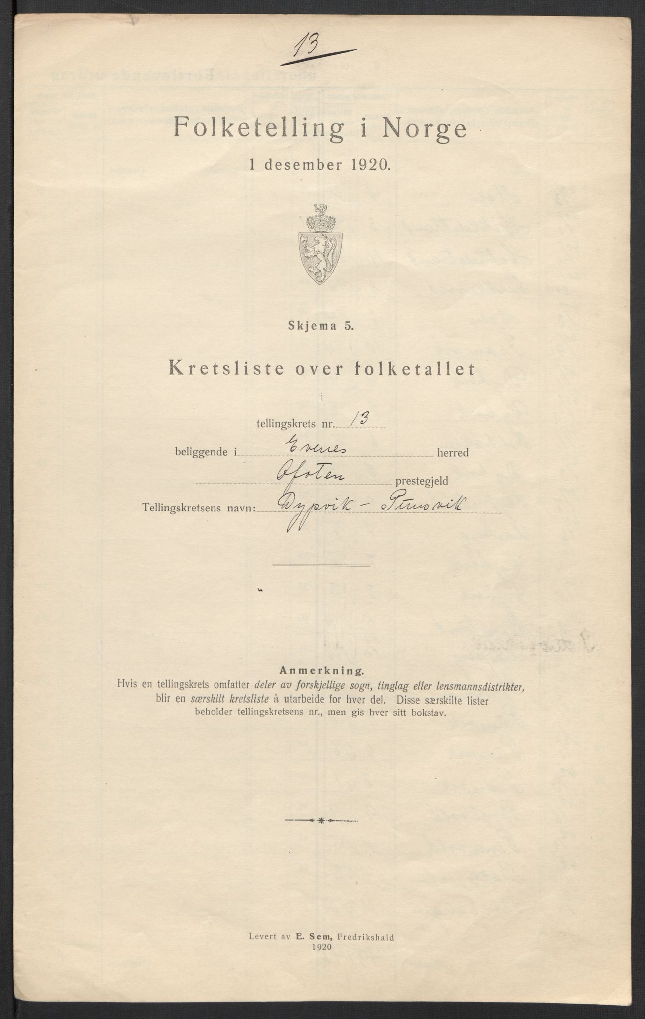 SAT, 1920 census for Evenes, 1920, p. 46