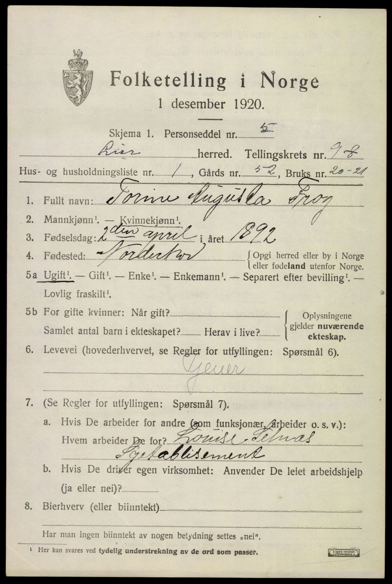 SAKO, 1920 census for Lier, 1920, p. 14808