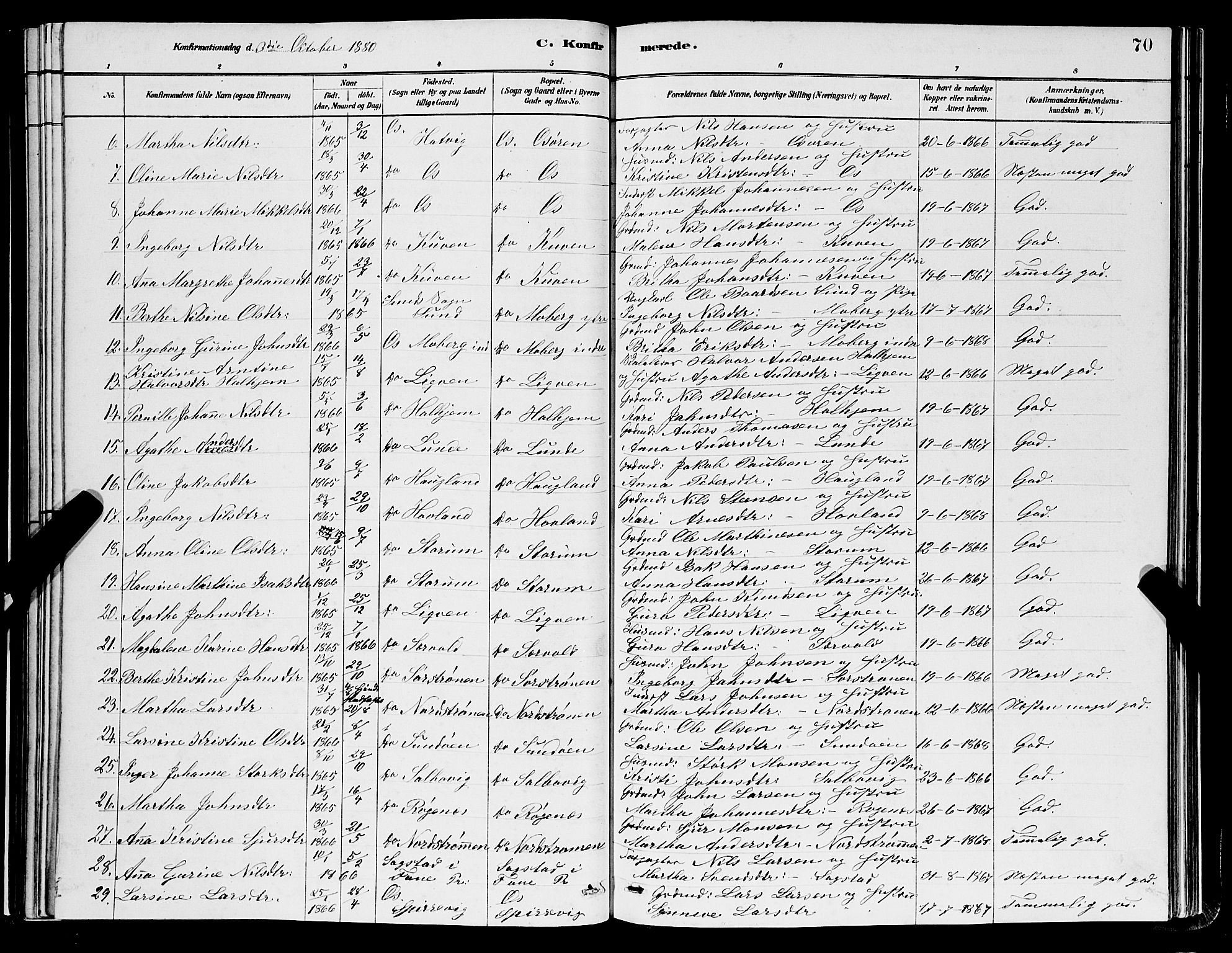 Os sokneprestembete, SAB/A-99929: Parish register (copy) no. A 2, 1880-1896, p. 70