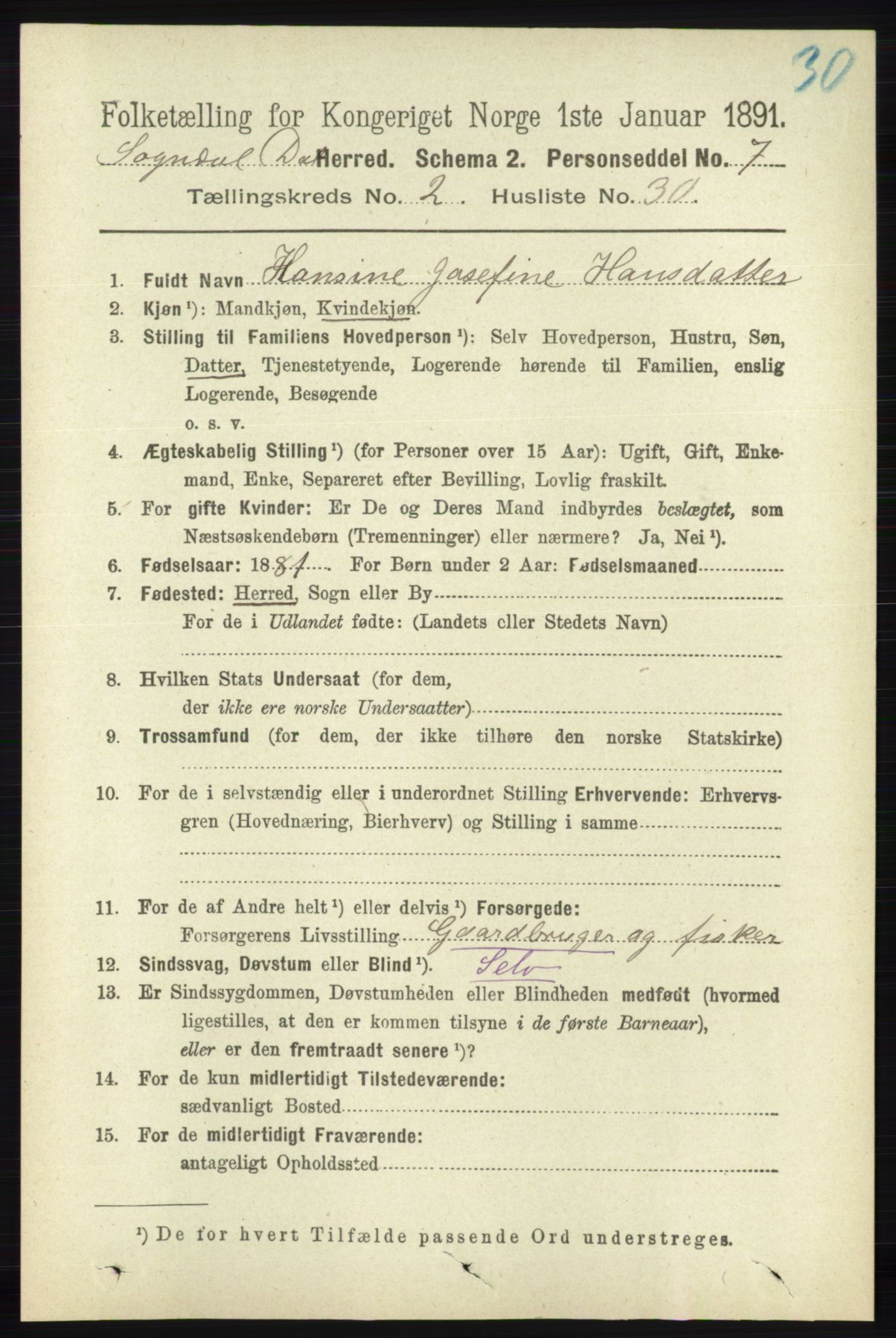 RA, 1891 census for 1111 Sokndal, 1891, p. 654