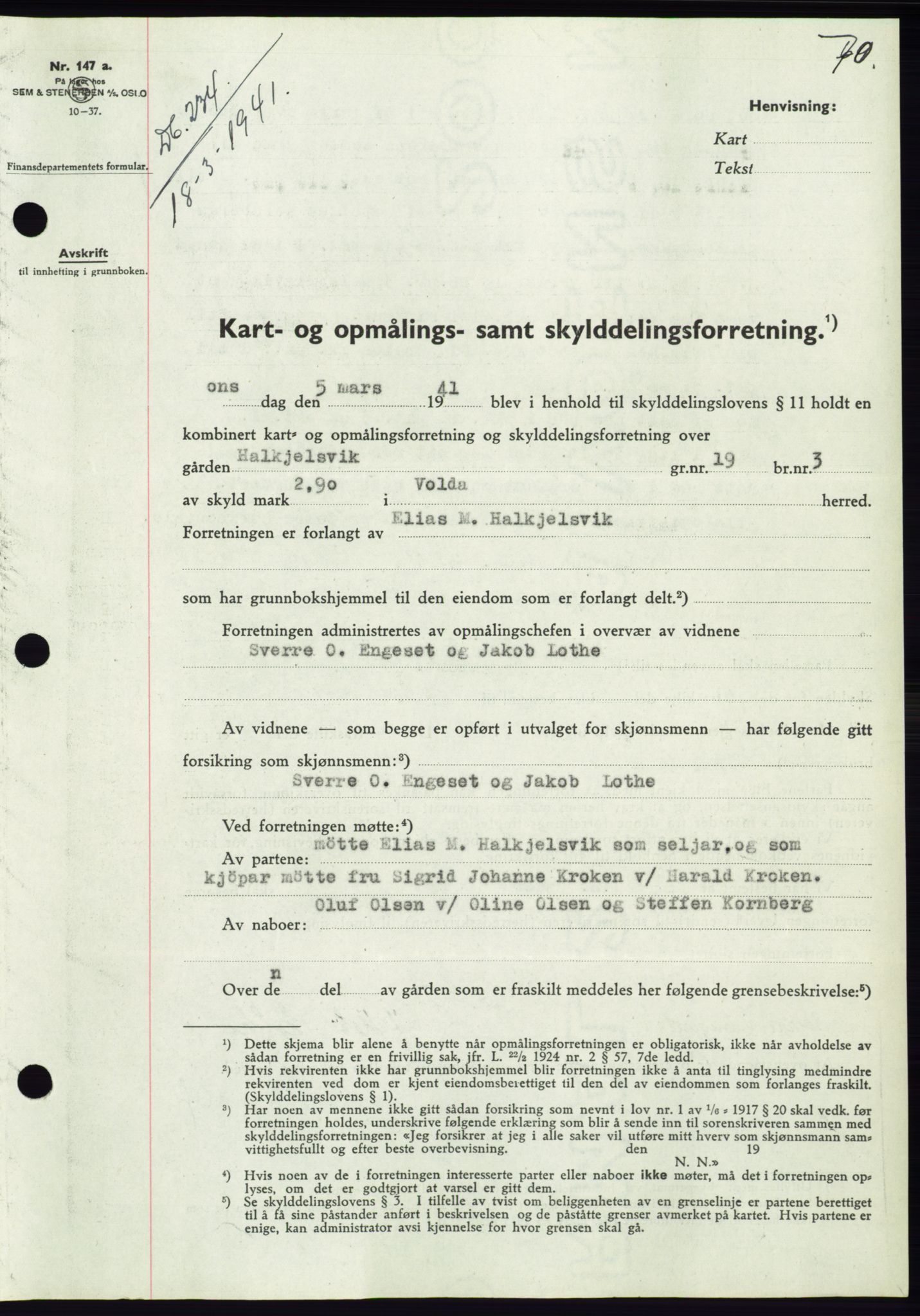 Søre Sunnmøre sorenskriveri, AV/SAT-A-4122/1/2/2C/L0071: Mortgage book no. 65, 1941-1941, Diary no: : 234/1941