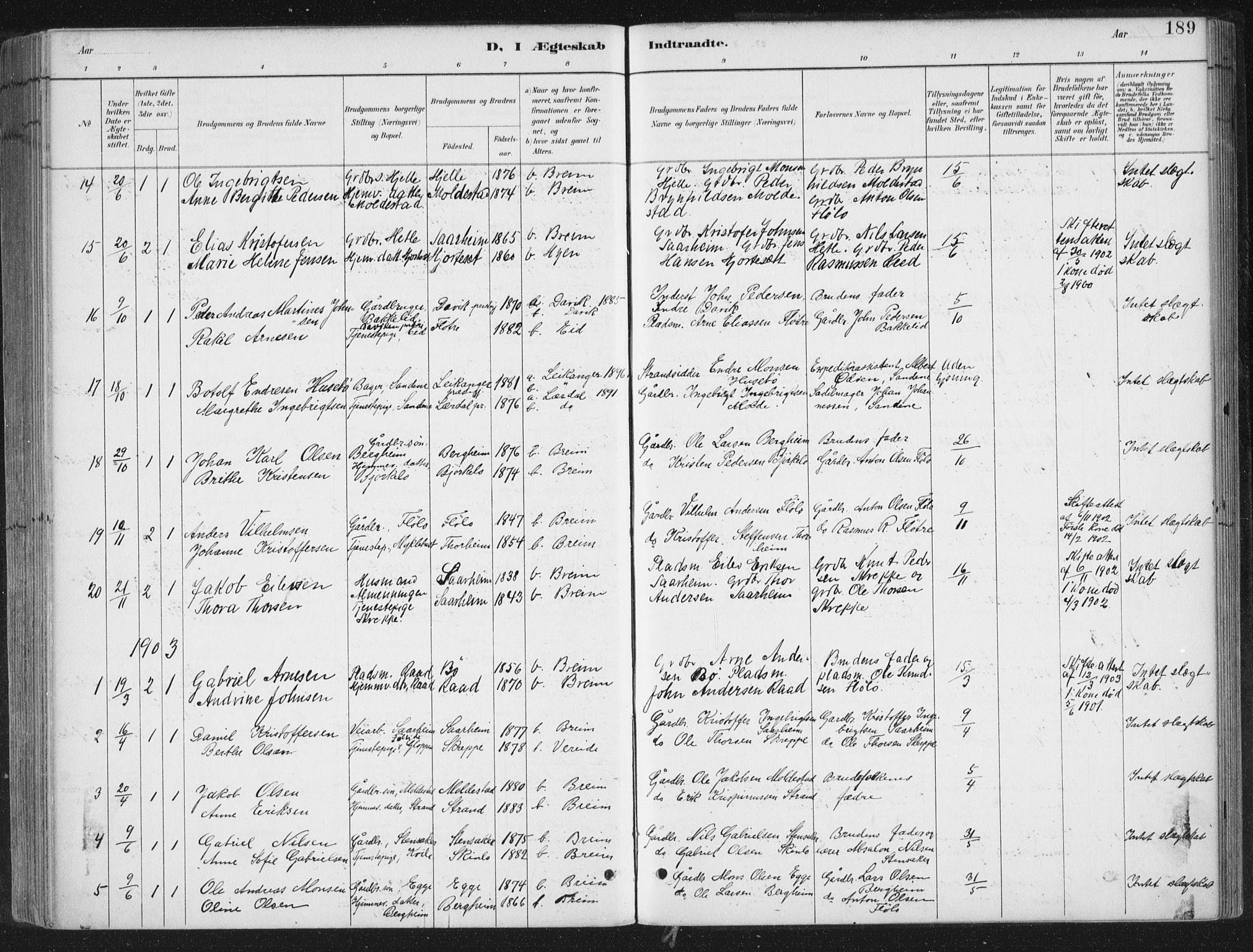 Gloppen sokneprestembete, SAB/A-80101/H/Haa/Haac/L0002: Parish register (official) no. C  2, 1887-1904, p. 189