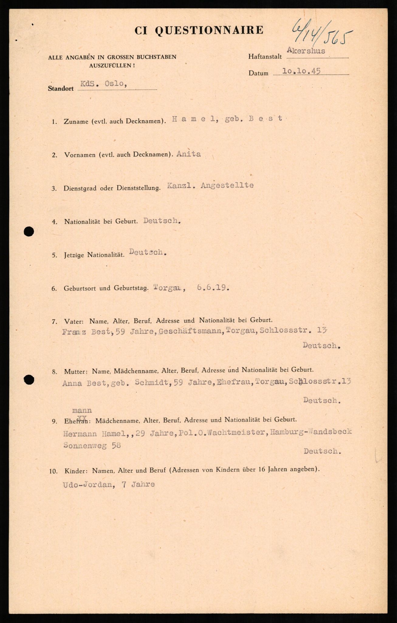 Forsvaret, Forsvarets overkommando II, RA/RAFA-3915/D/Db/L0011: CI Questionaires. Tyske okkupasjonsstyrker i Norge. Tyskere., 1945-1946, p. 356