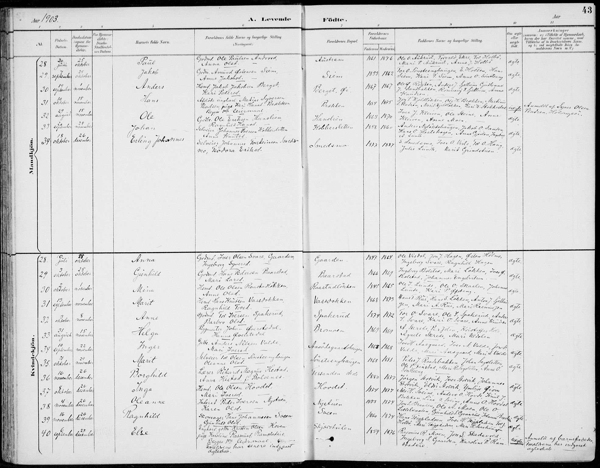 Vågå prestekontor, SAH/PREST-076/H/Ha/Hab/L0002: Parish register (copy) no. 2, 1894-1939, p. 43