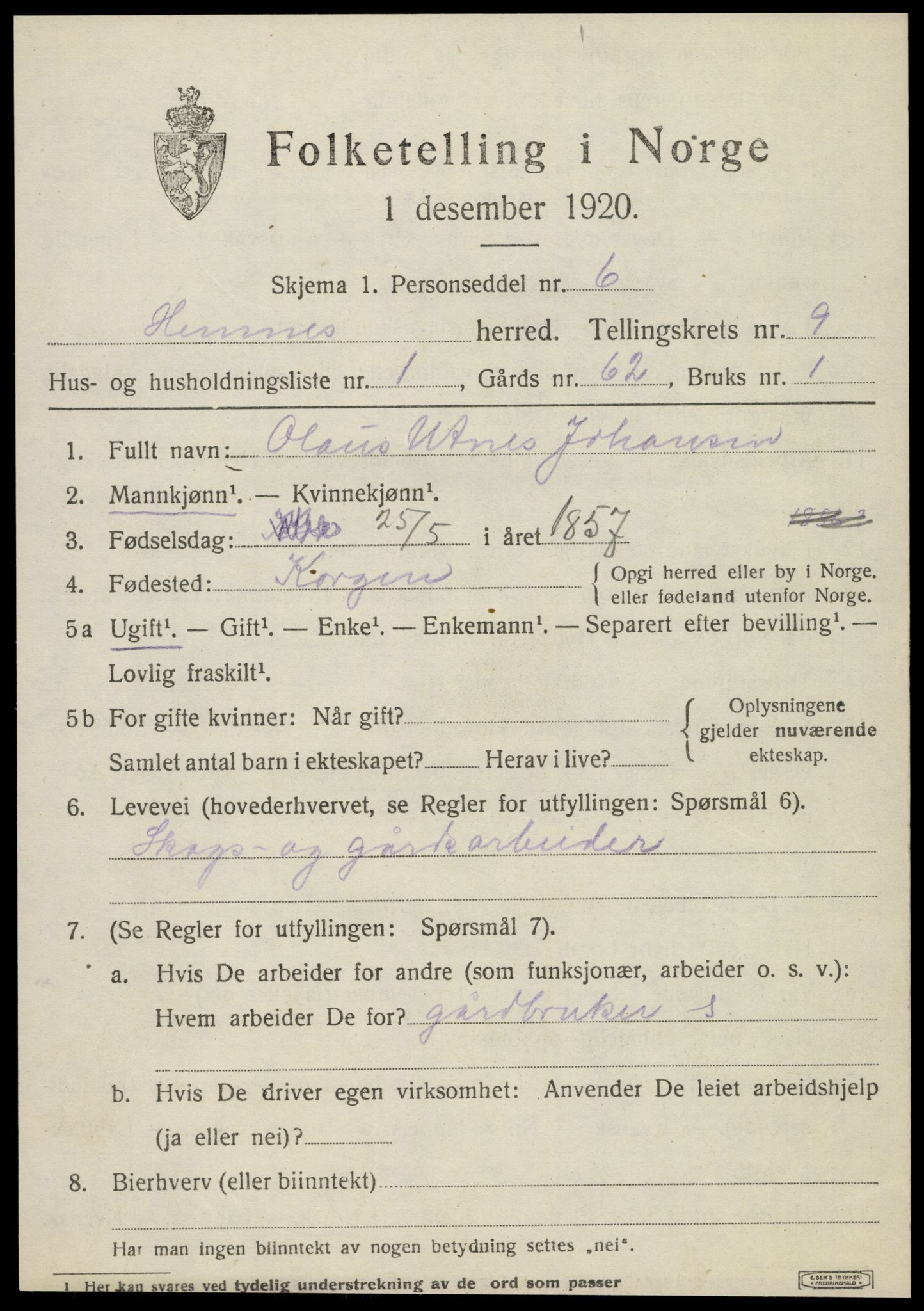 SAT, 1920 census for Hemnes, 1920, p. 8346