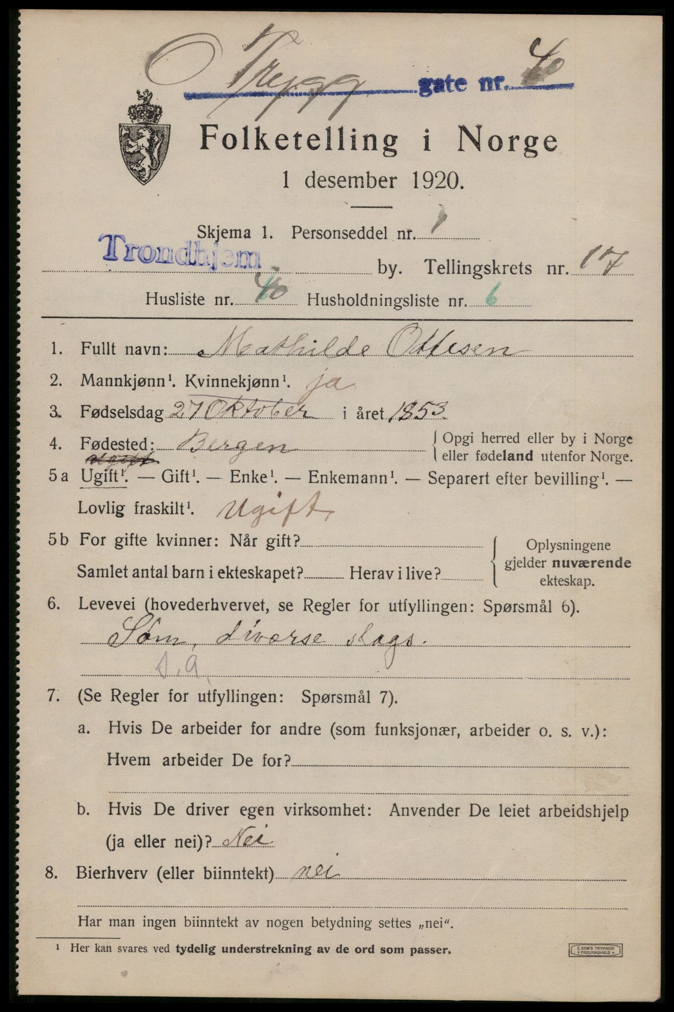 SAT, 1920 census for Trondheim, 1920, p. 56176