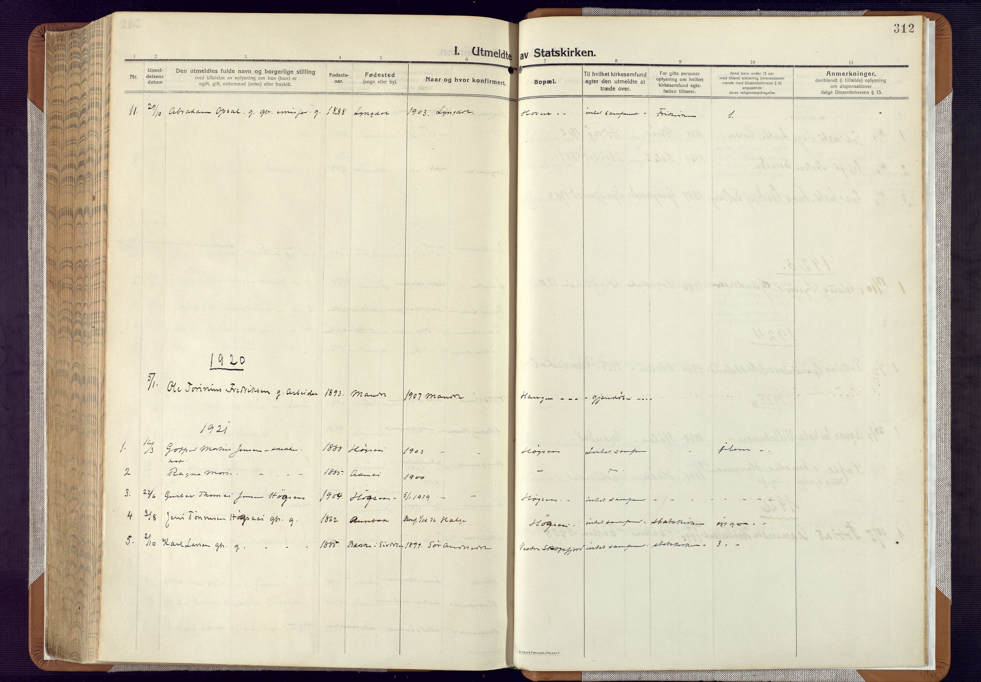 Mandal sokneprestkontor, SAK/1111-0030/F/Fa/Faa/L0022: Parish register (official) no. A 22, 1913-1925, p. 312