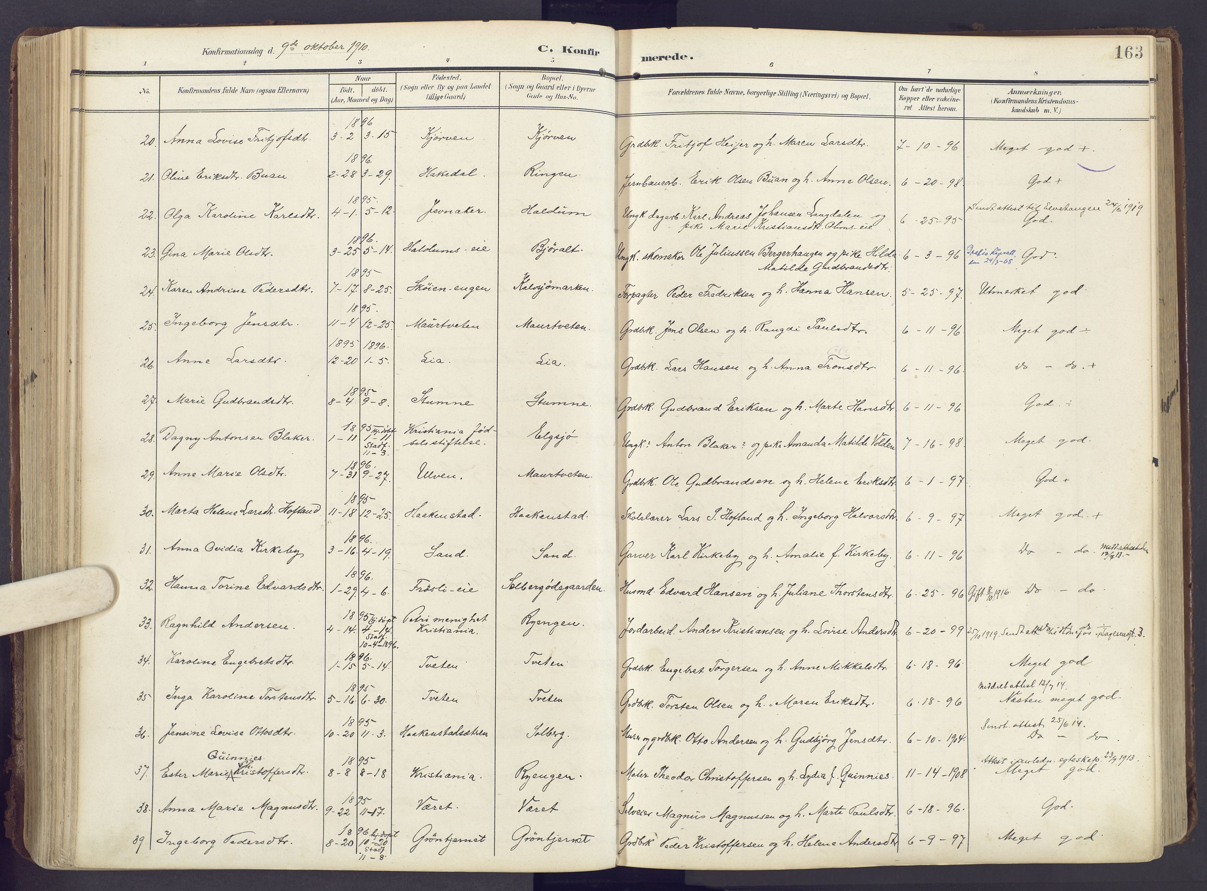 Lunner prestekontor, AV/SAH-PREST-118/H/Ha/Haa/L0001: Parish register (official) no. 1, 1907-1922, p. 163