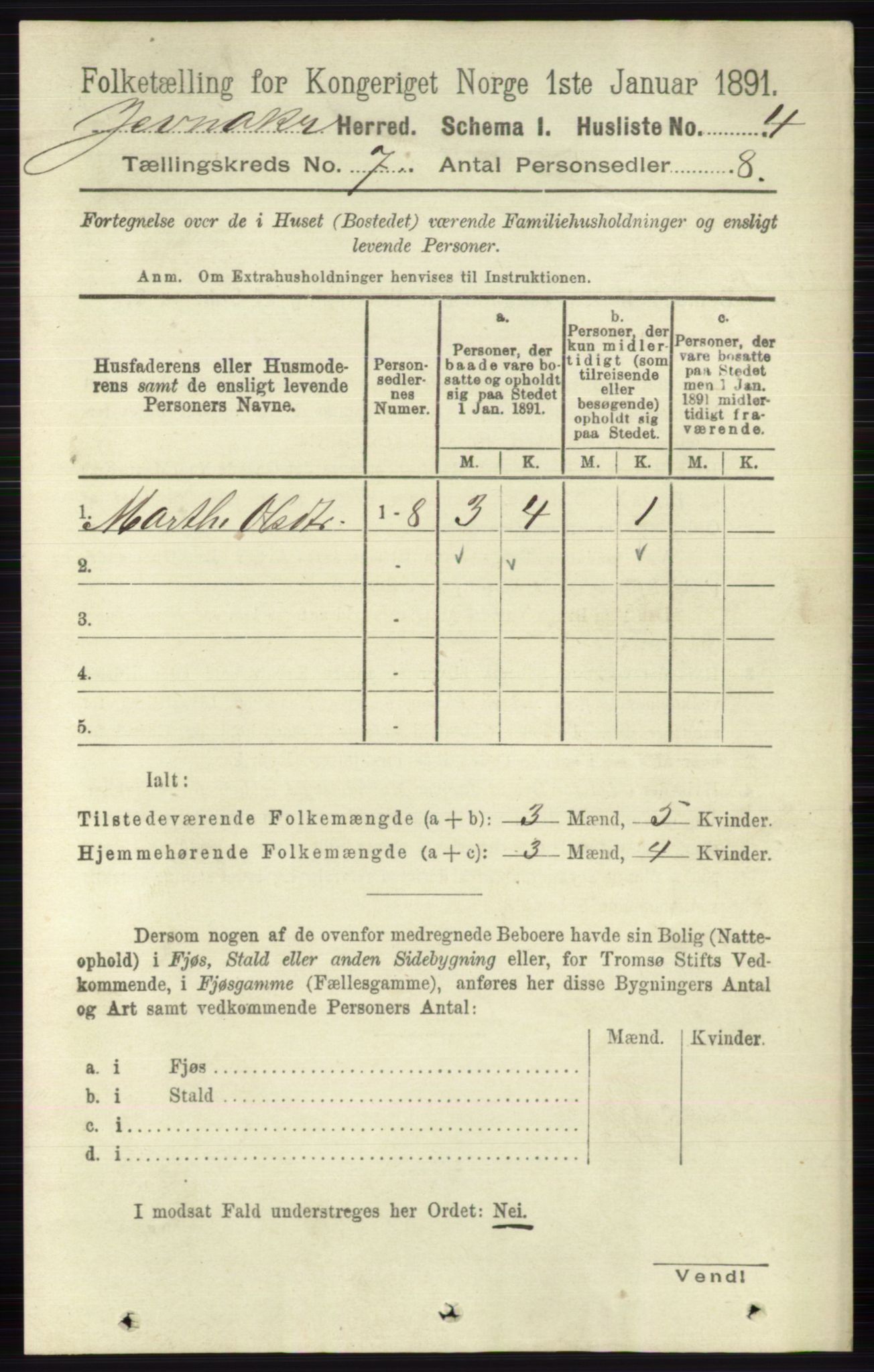 RA, 1891 census for 0532 Jevnaker, 1891, p. 3645